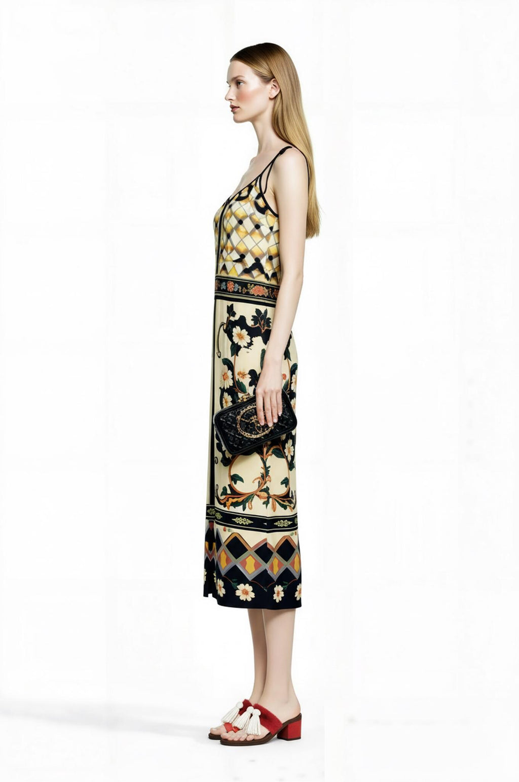 Ivory and Black Floral Midi Slip Dress with Adjustable Tie Straps Ornamental Print __etsy:7687075970