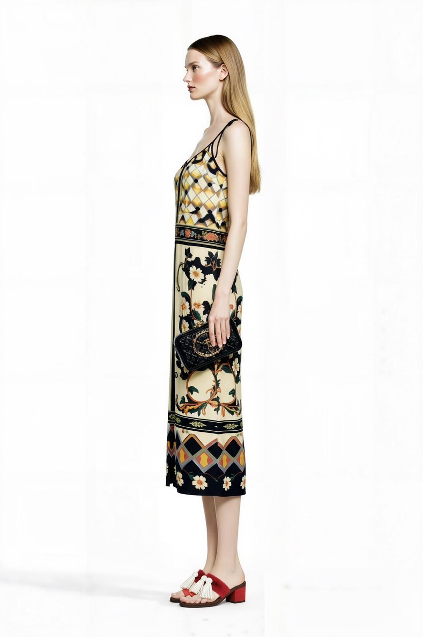 Ivory and Black Floral Midi Slip Dress with Adjustable Tie Straps Ornamental Print __etsy:7687075970
