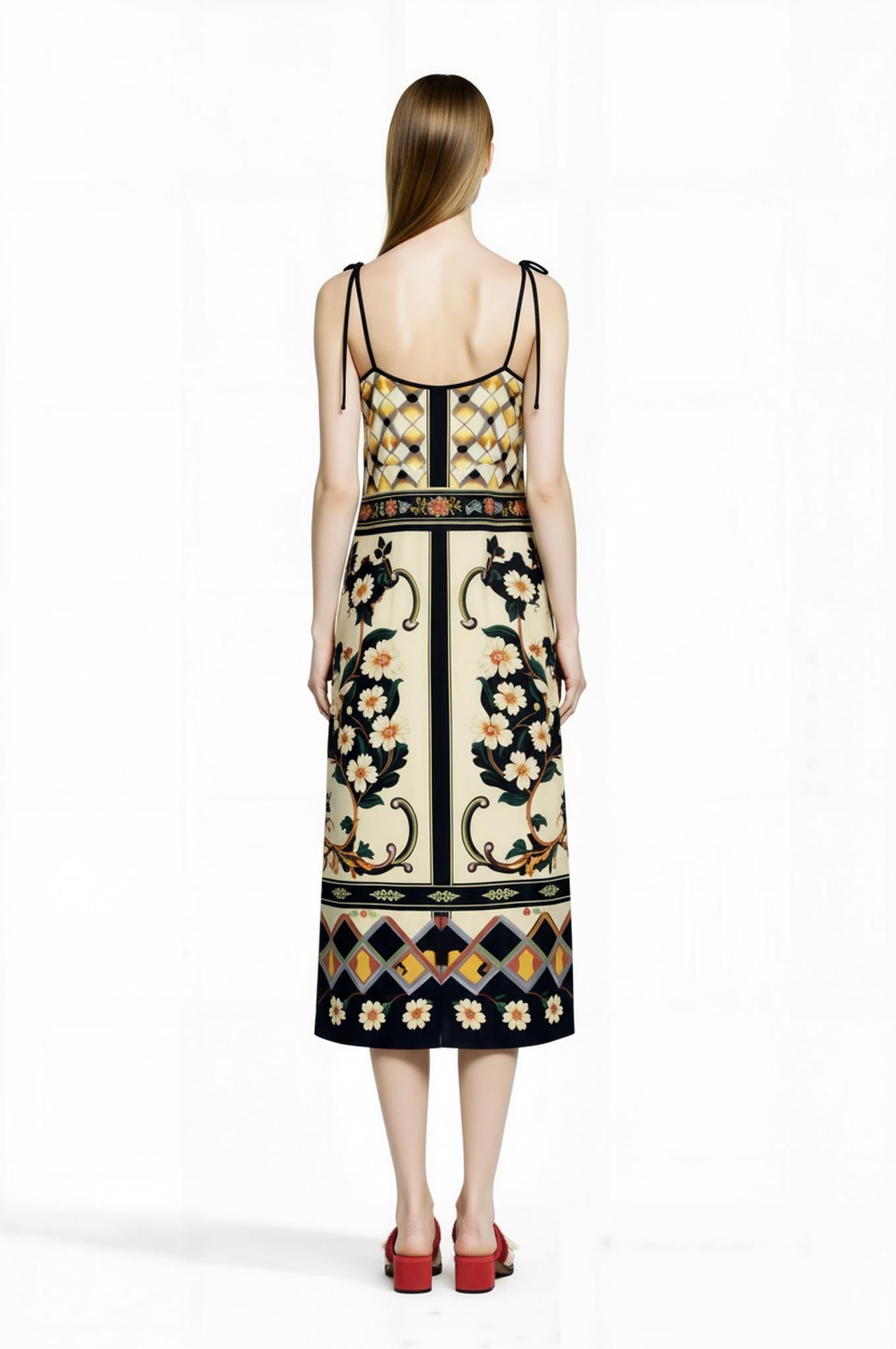 Ivory and Black Floral Midi Slip Dress with Adjustable Tie Straps Ornamental Print __etsy:7687075978