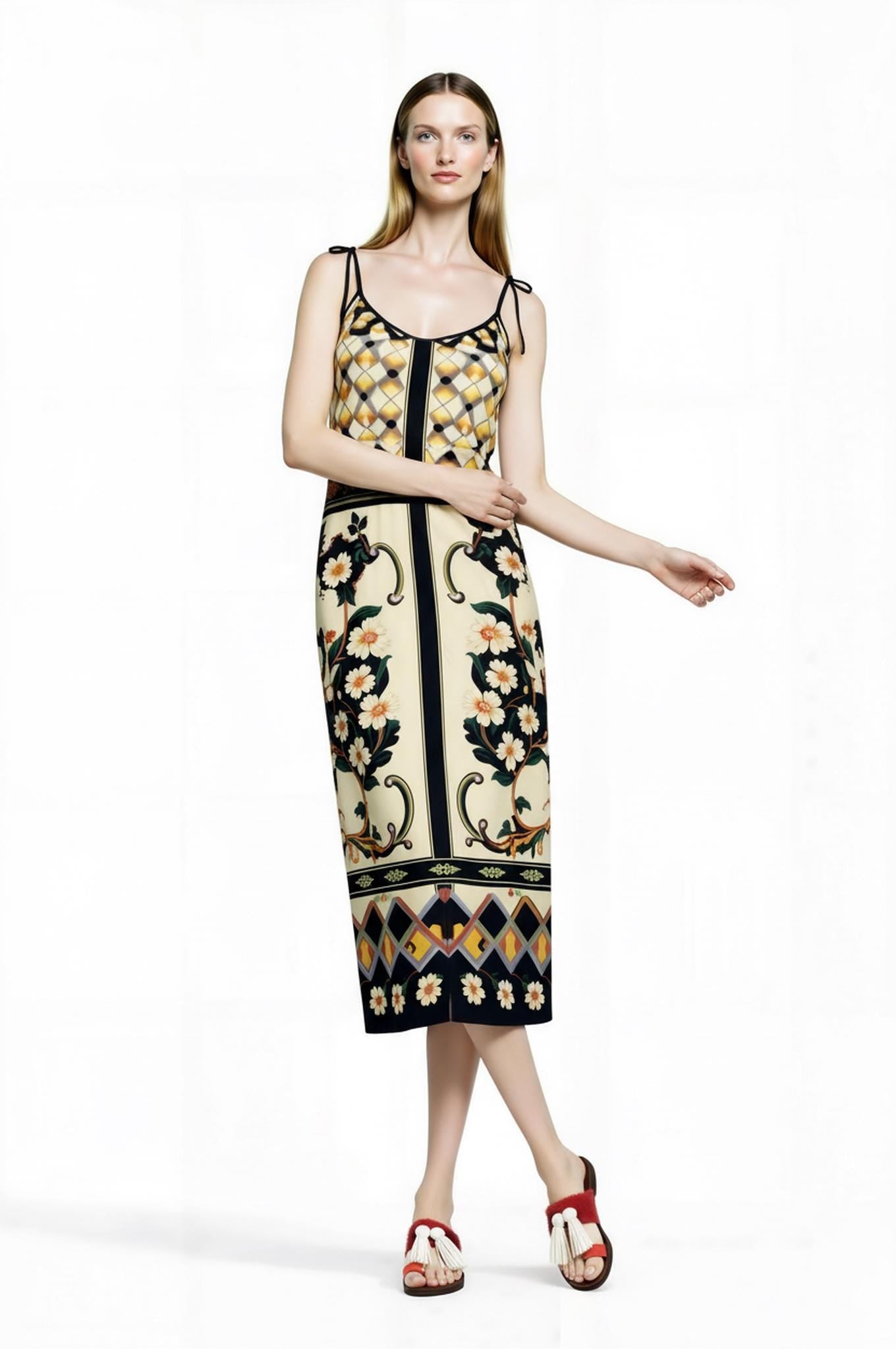 Ivory and Black Floral Midi Slip Dress with Adjustable Tie Straps Ornamental Print __etsy:7687075980