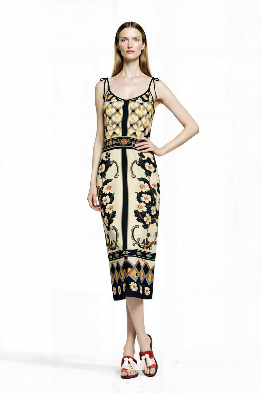 Ivory and Black Floral Midi Slip Dress with Adjustable Tie Straps Ornamental Print __etsy:7687076044