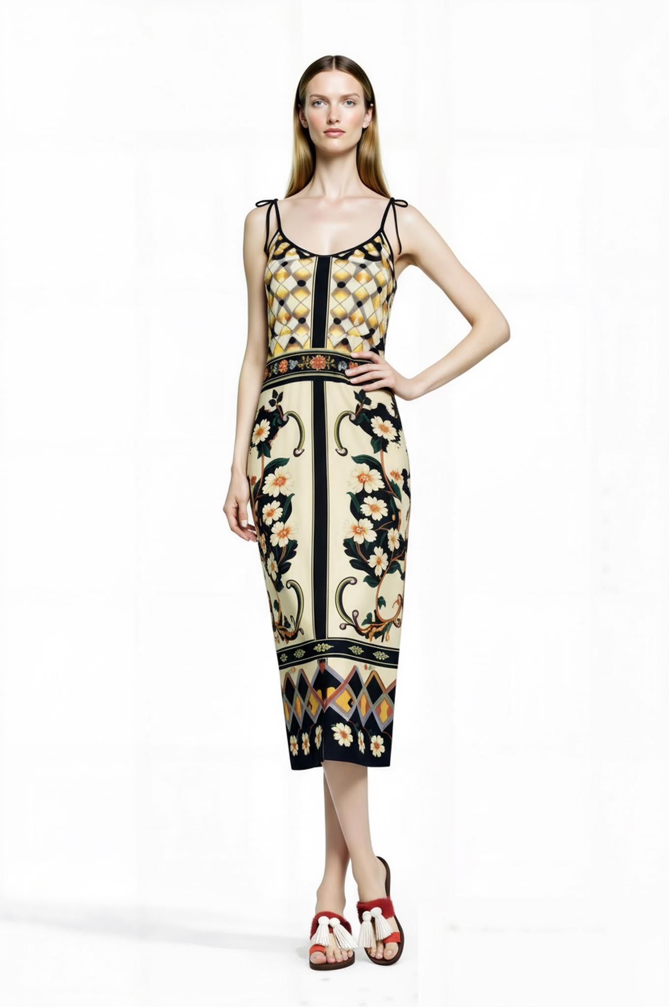 Ivory and Black Floral Midi Slip Dress with Adjustable Tie Straps Ornamental Print __etsy:7687076044