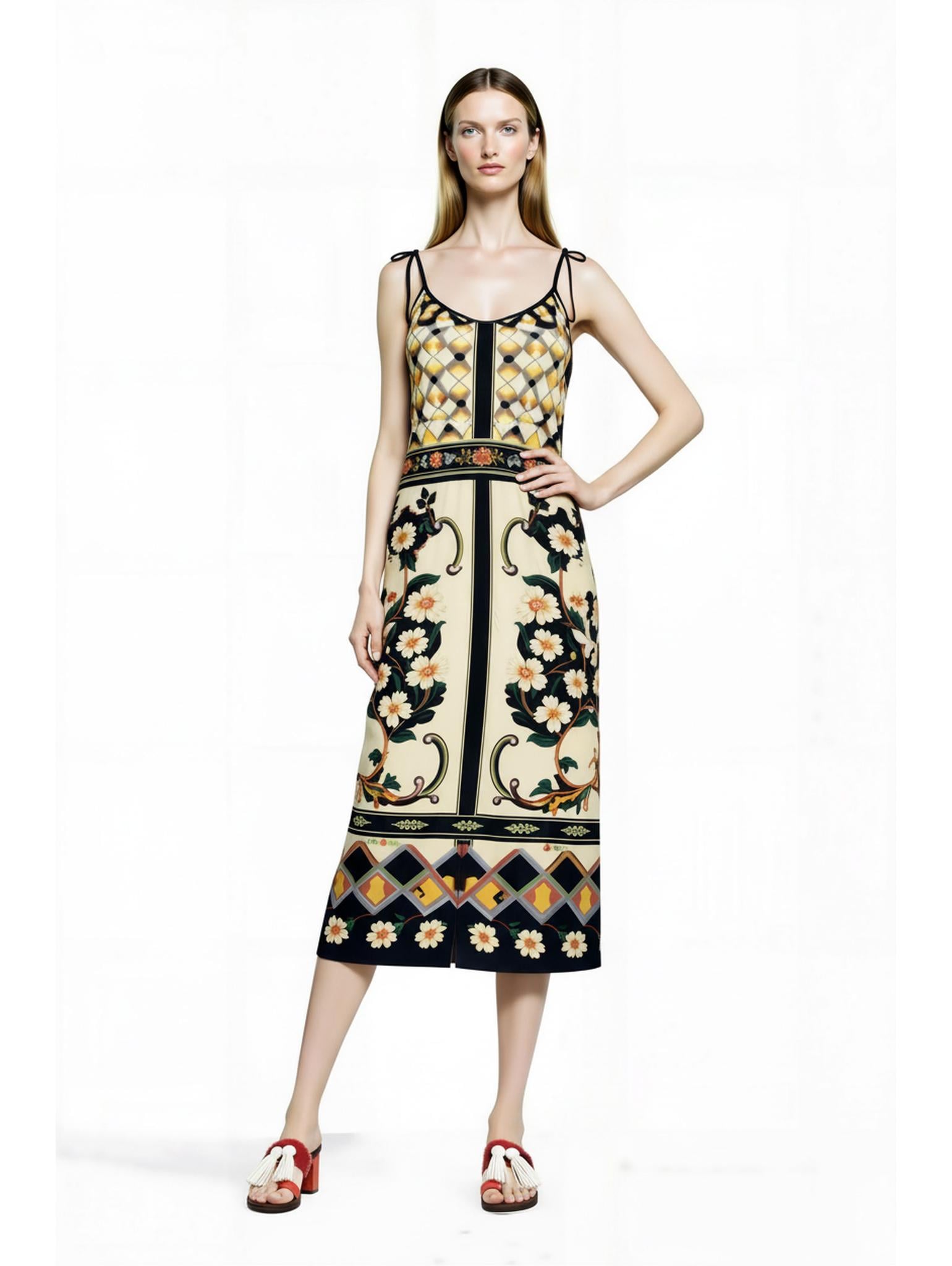 Ivory and Black Floral Midi Slip Dress with Adjustable Tie Straps Ornamental Print __etsy:7687112846