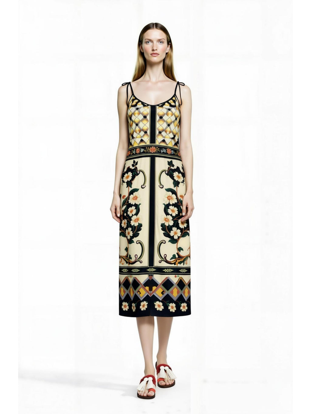 Ivory and Black Floral Midi Slip Dress with Adjustable Tie Straps Ornamental Print __etsy:7687117118