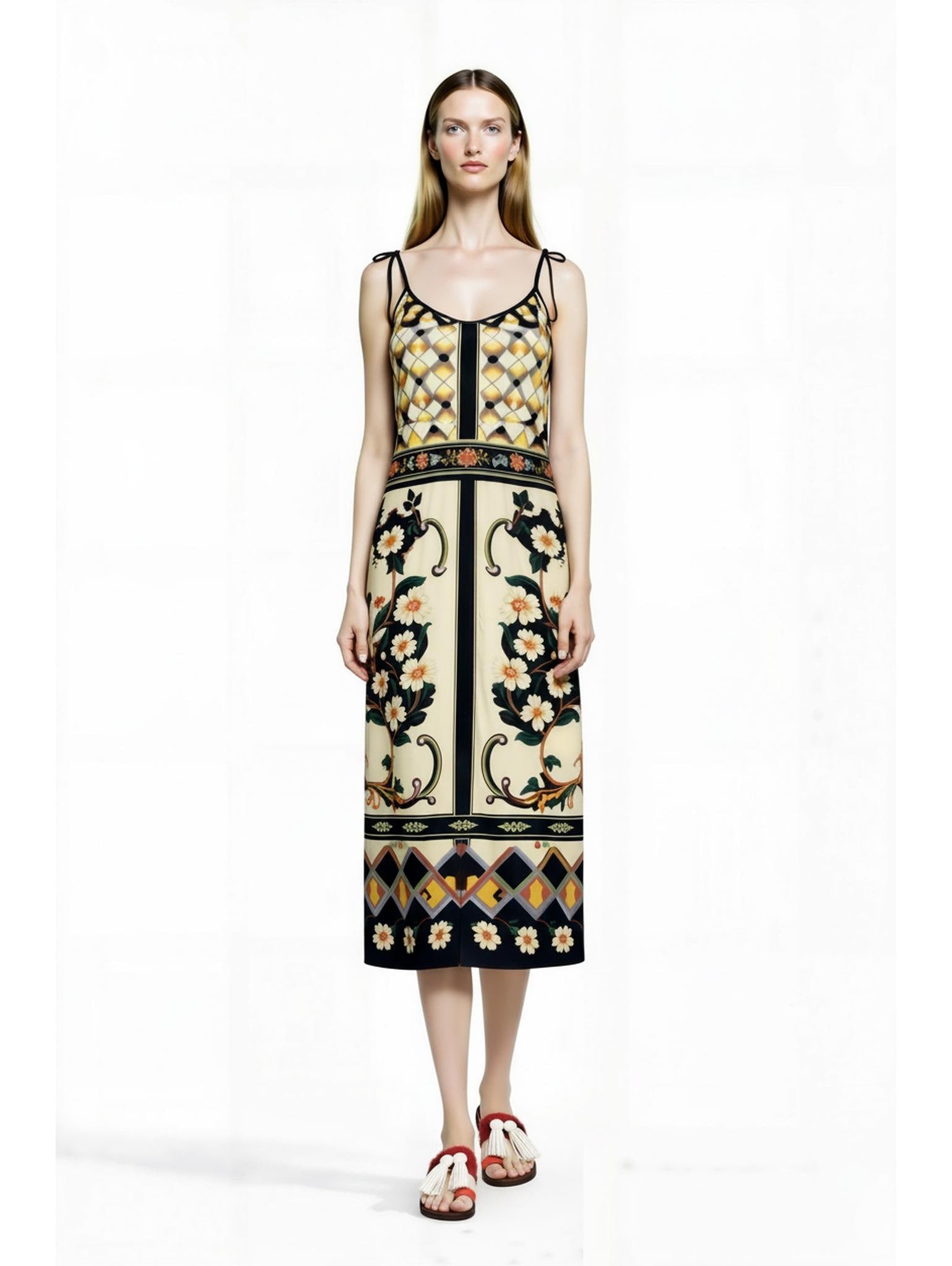 Ivory and Black Floral Midi Slip Dress with Adjustable Tie Straps Ornamental Print __etsy:7687117118