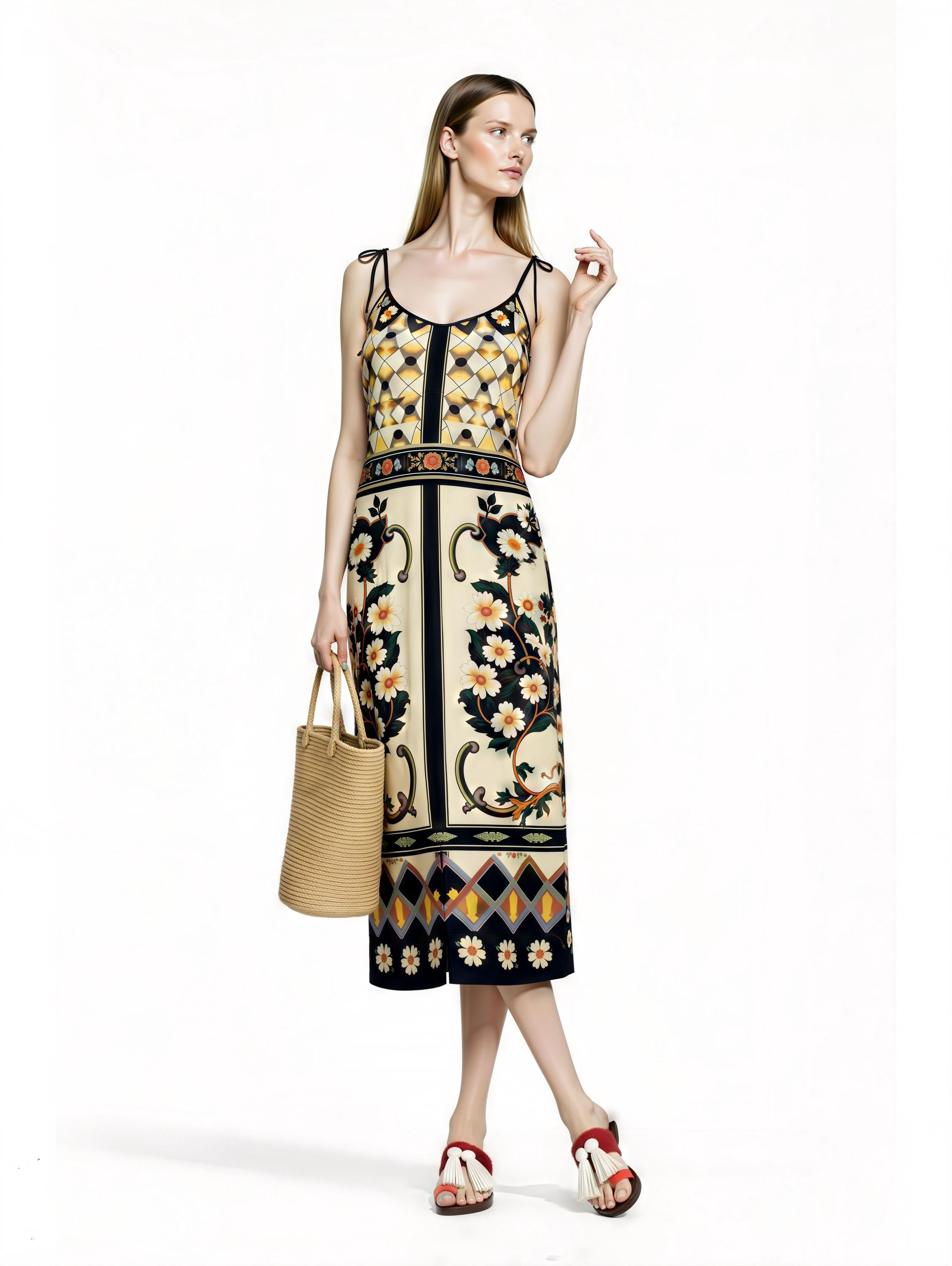 Ivory and Black Floral Midi Slip Dress with Adjustable Tie Straps Ornamental Print __etsy:7687362814