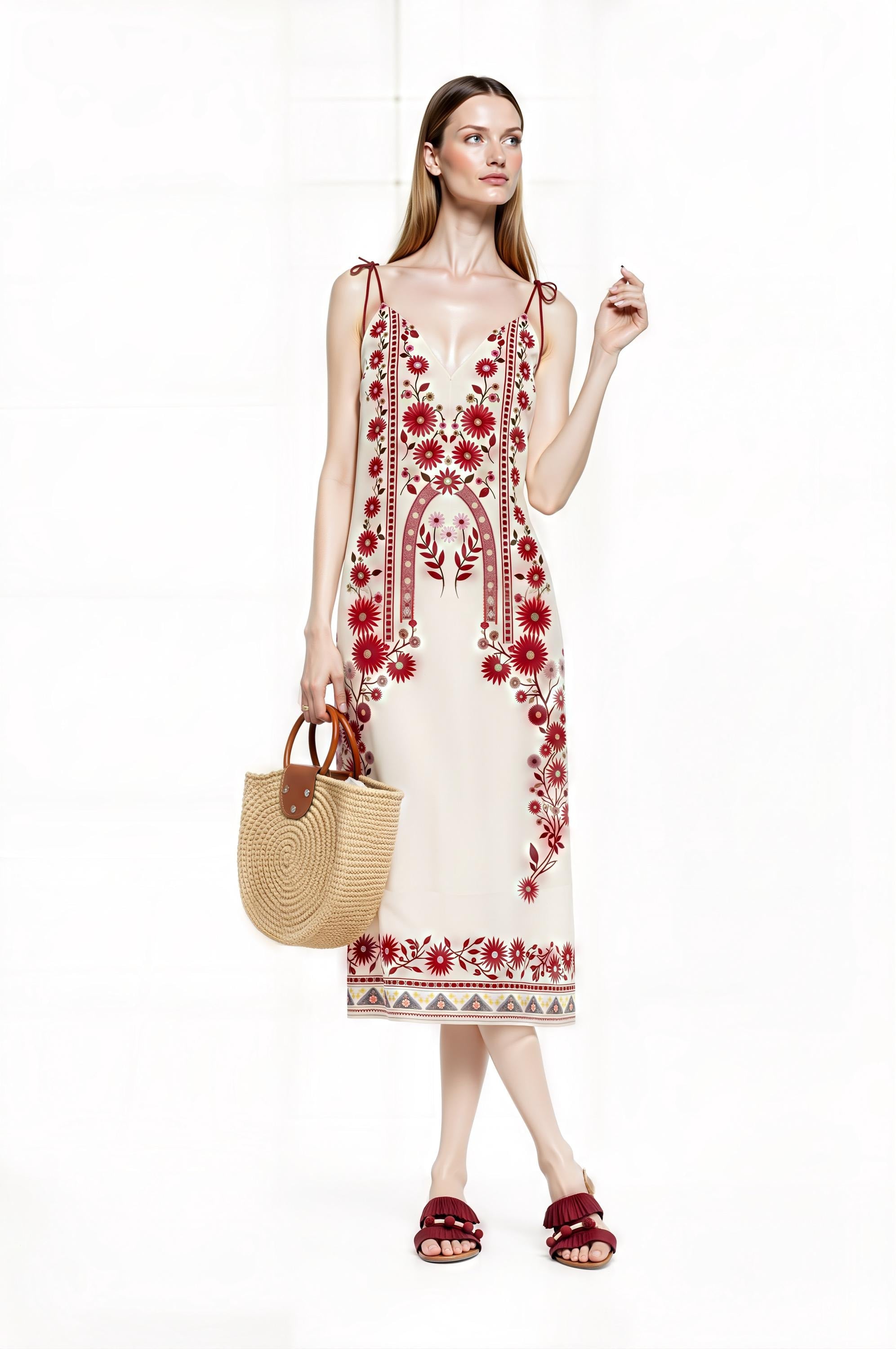 Ivory and Red Floral Midi Slip Dress with Adjustable Tie Straps Ornamental Print __etsy:7687411494