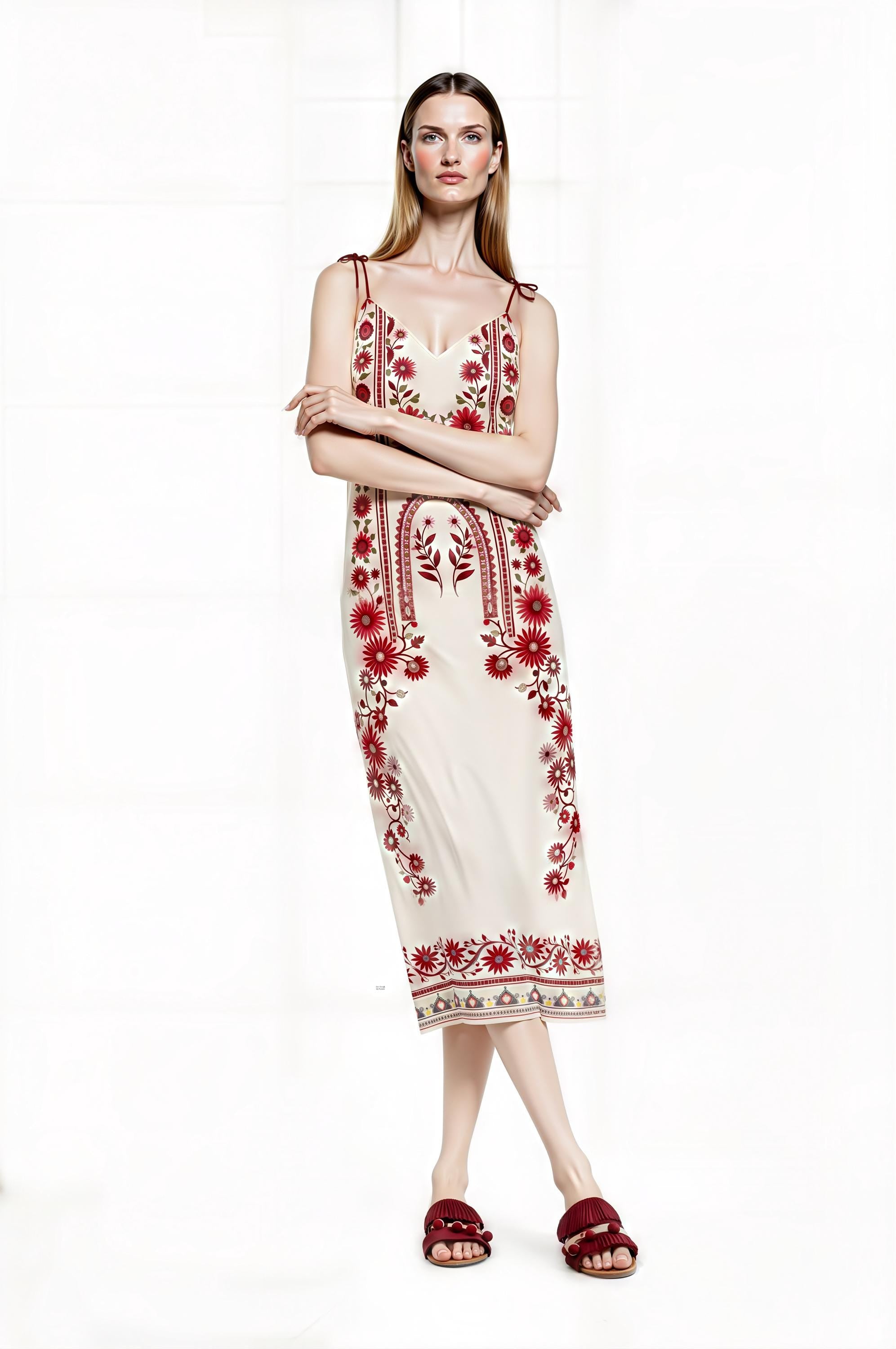 Ivory and Red Floral Midi Slip Dress with Adjustable Tie Straps Ornamental Print __etsy:7687411706