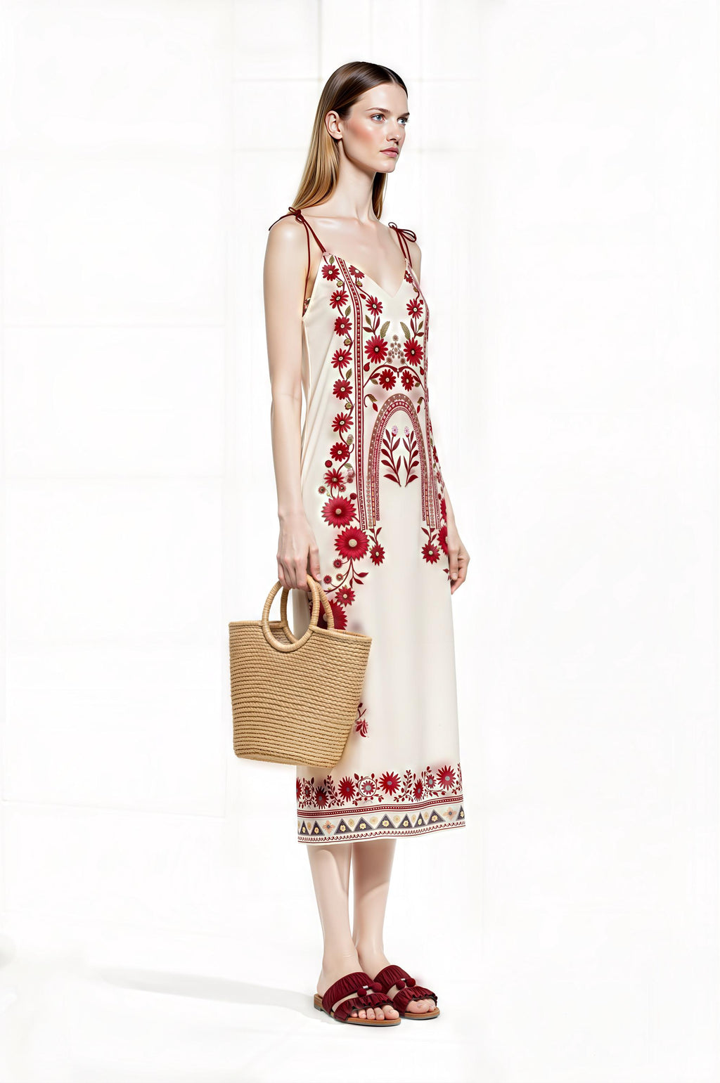 Ivory and Red Floral Midi Slip Dress with Adjustable Tie Straps Ornamental Print __etsy:7687411708