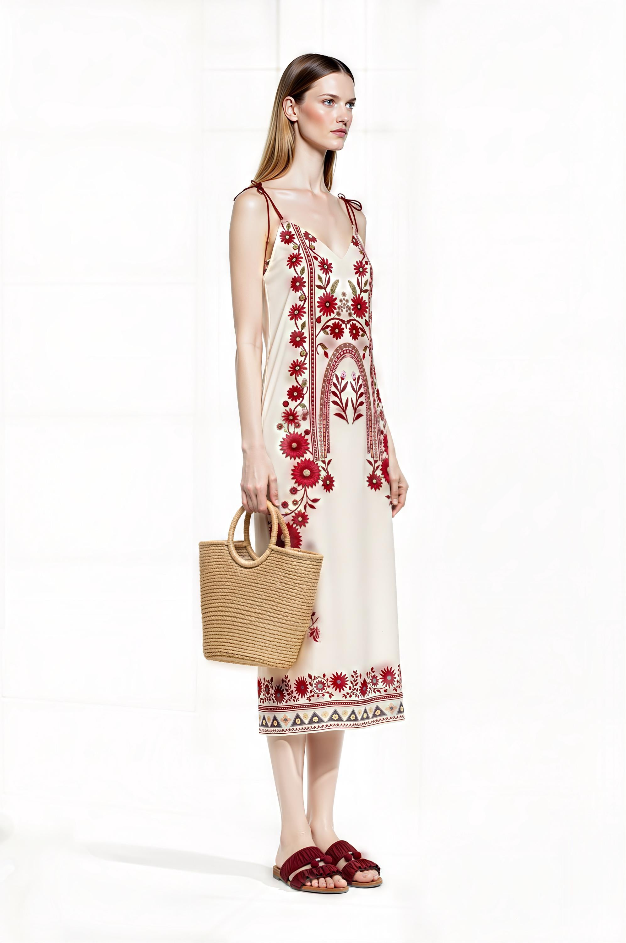 Ivory and Red Floral Midi Slip Dress with Adjustable Tie Straps Ornamental Print __etsy:7687411708