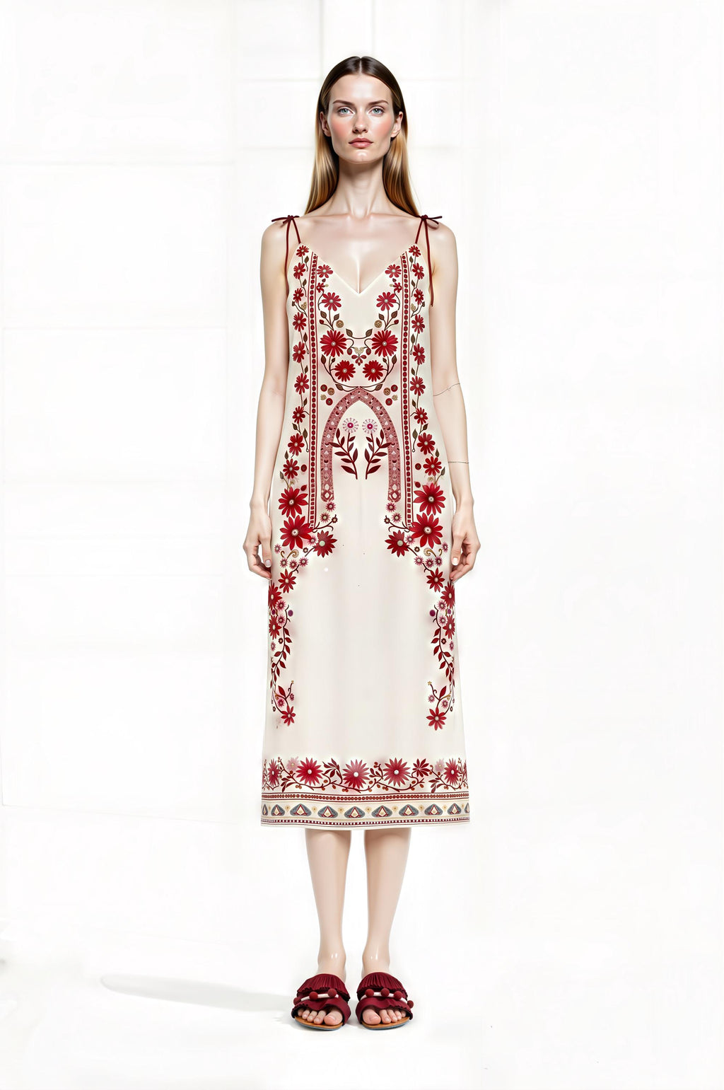 Ivory and Red Floral Midi Slip Dress with Adjustable Tie Straps Ornamental Print __etsy:7687411720