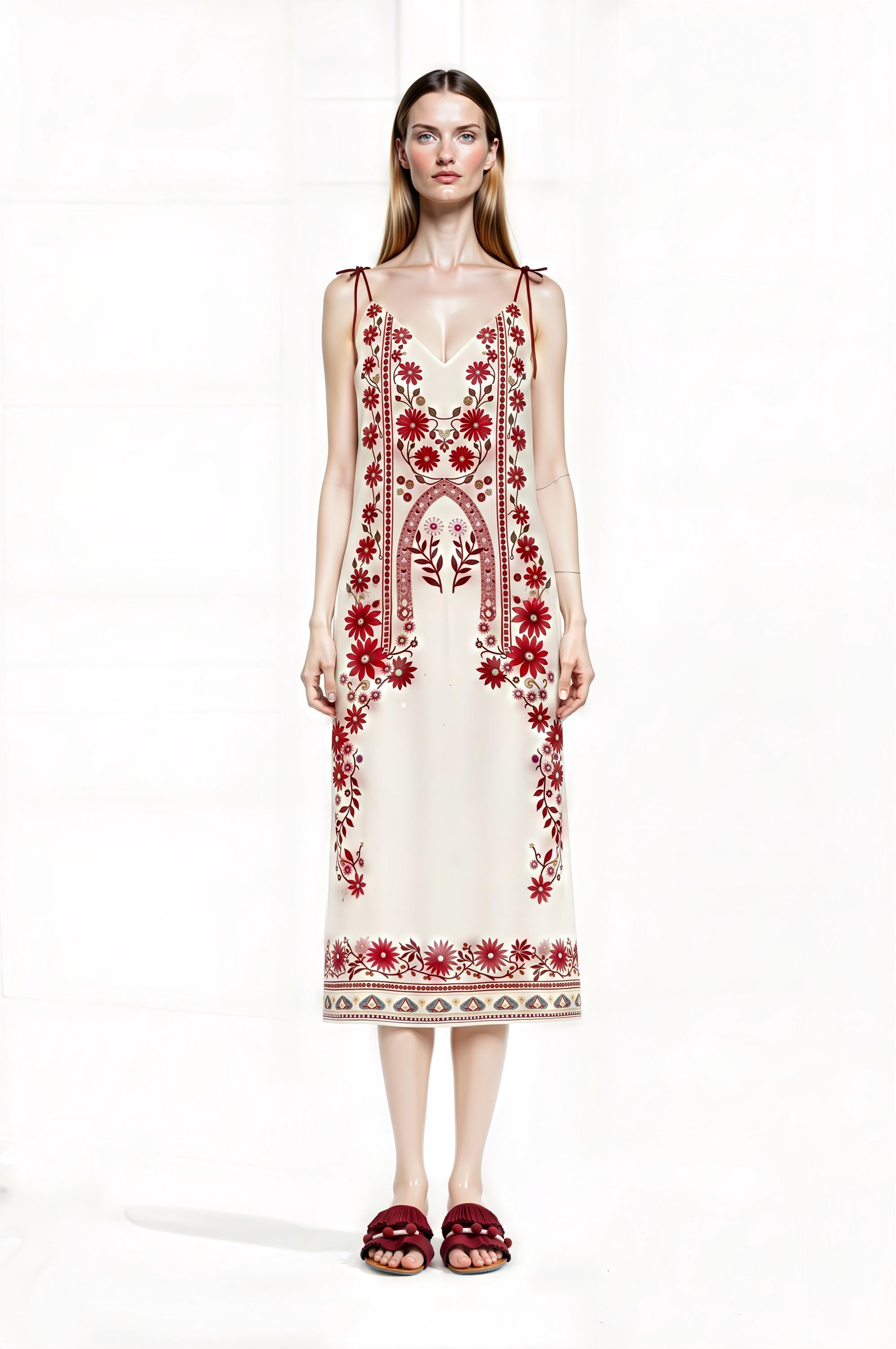 Ivory and Red Floral Midi Slip Dress with Adjustable Tie Straps Ornamental Print __etsy:7687411720