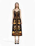 Black Floral Midi Slip Dress with Adjustable Tie Straps Ornamental Print __etsy:7690382938