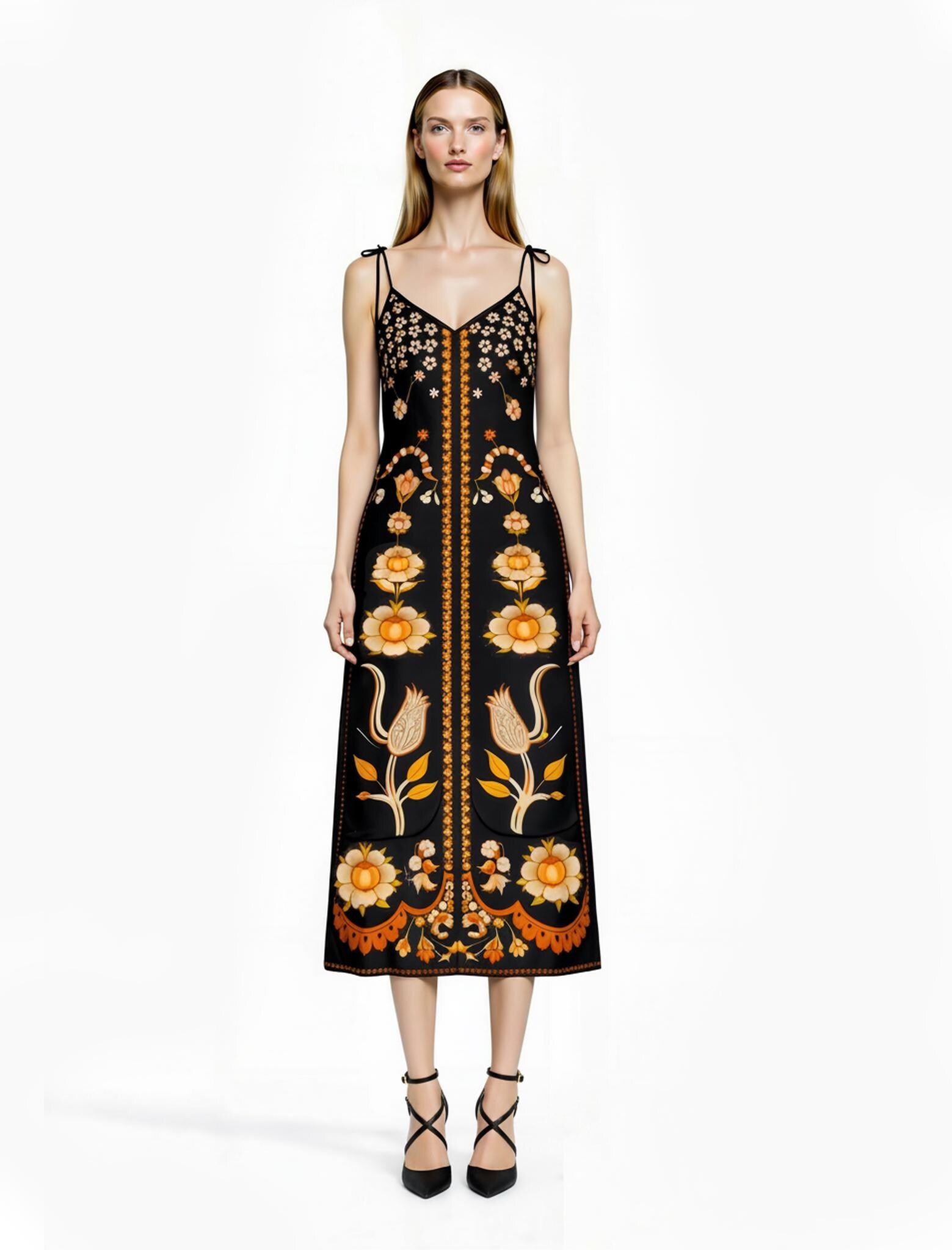 Black Floral Midi Slip Dress with Adjustable Tie Straps Ornamental Print __etsy:7690382938
