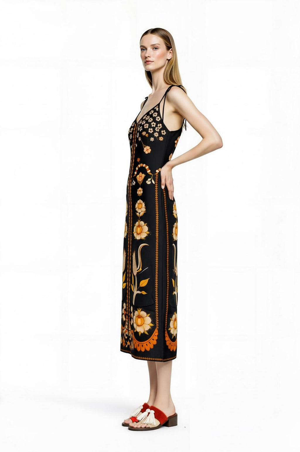 Black Floral Midi Slip Dress with Adjustable Tie Straps Ornamental Print __etsy:7690382984