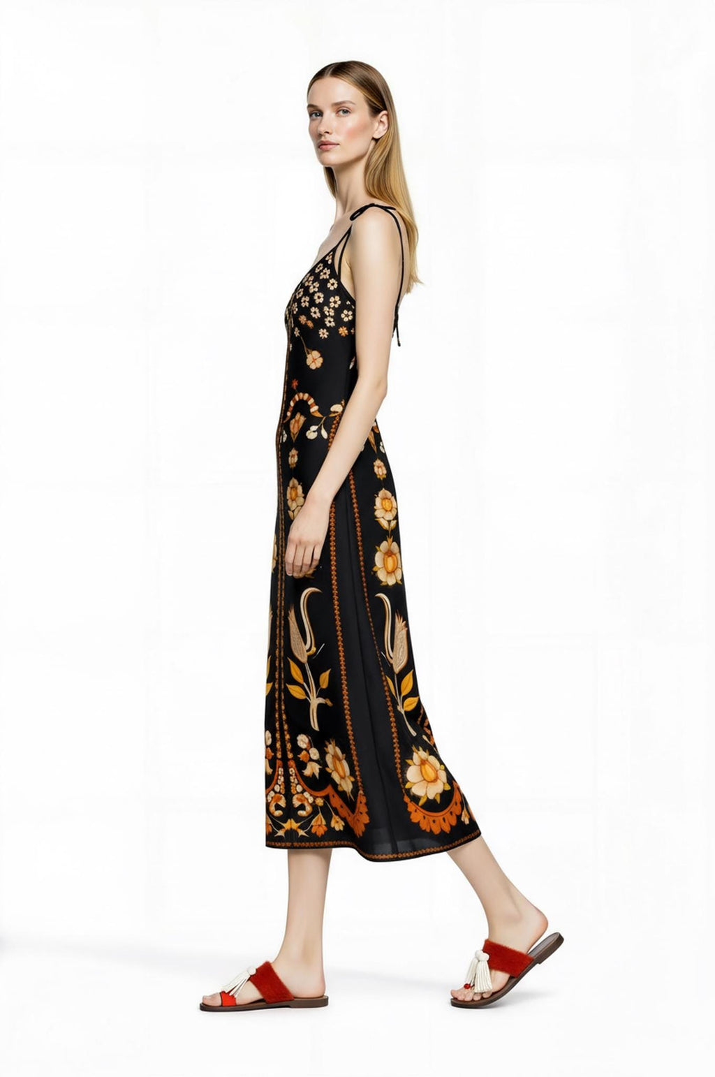Black Floral Midi Slip Dress with Adjustable Tie Straps Ornamental Print __etsy:7690382986