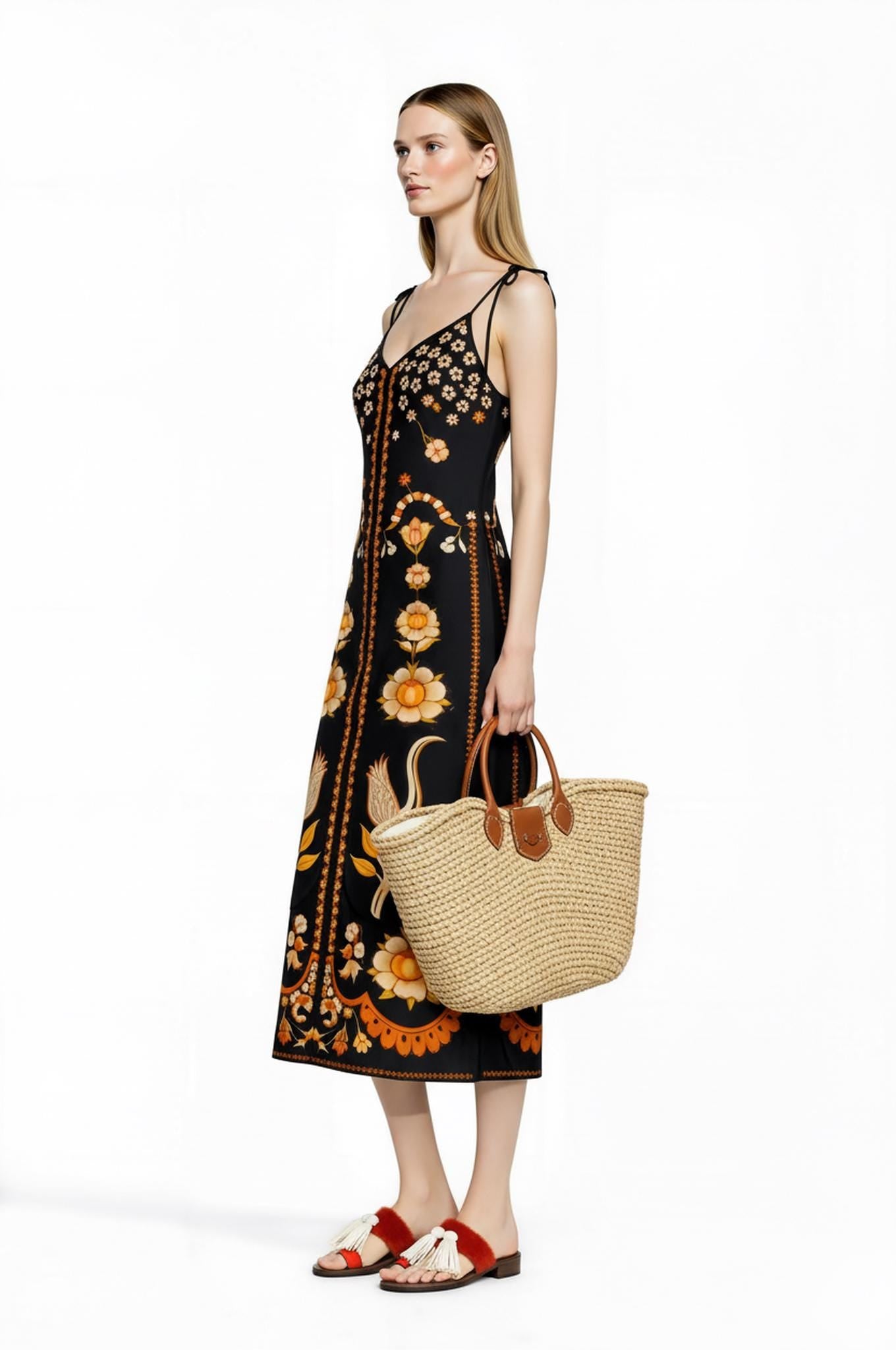 Black Floral Midi Slip Dress with Adjustable Tie Straps Ornamental Print __etsy:7690382996