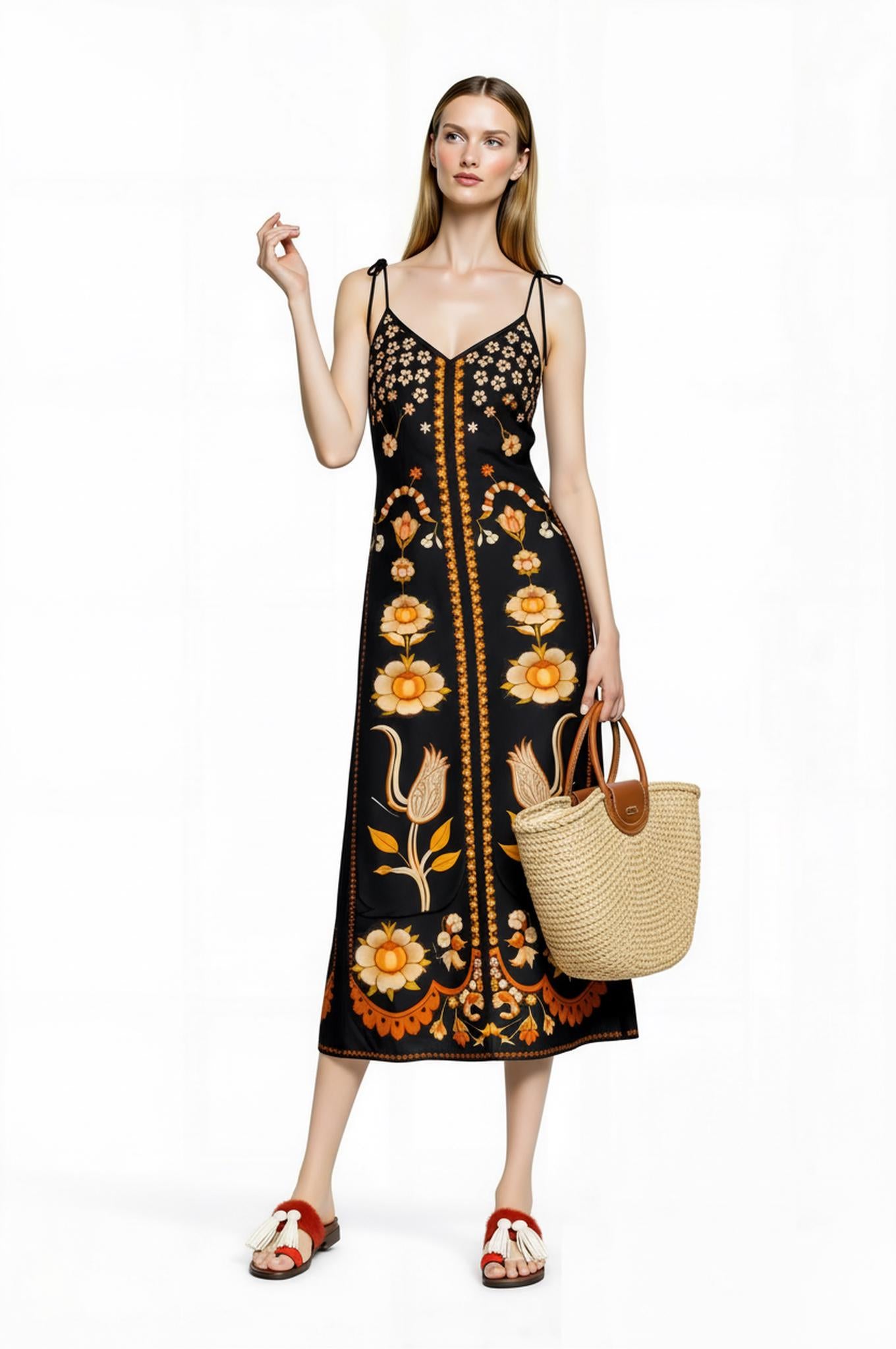 Black Floral Midi Slip Dress with Adjustable Tie Straps Ornamental Print __etsy:7690383002