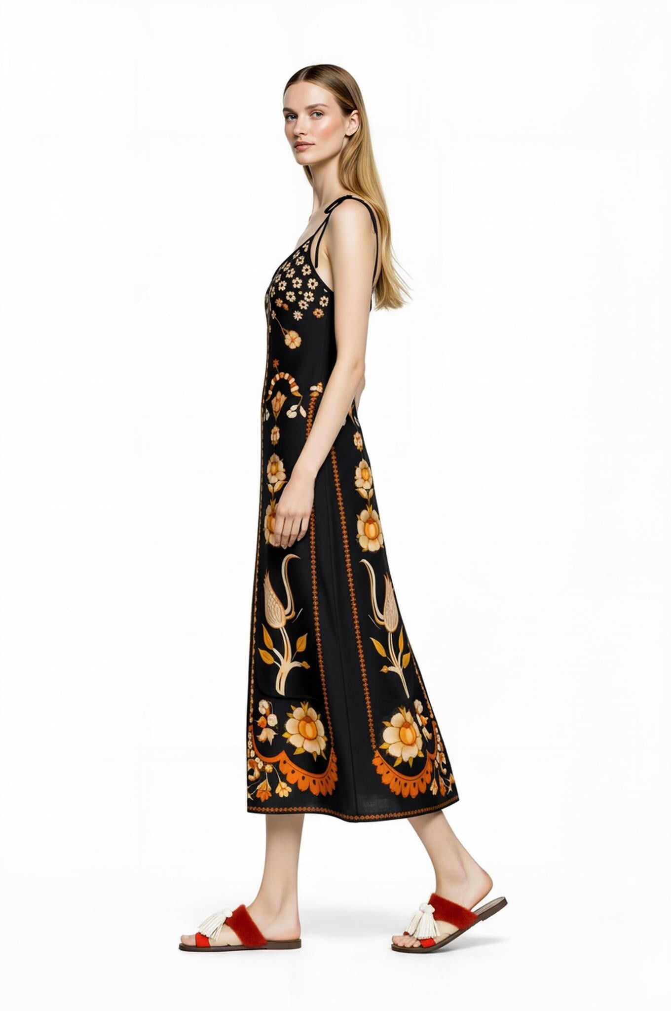 Black Floral Midi Slip Dress with Adjustable Tie Straps Ornamental Print __etsy:7690383050