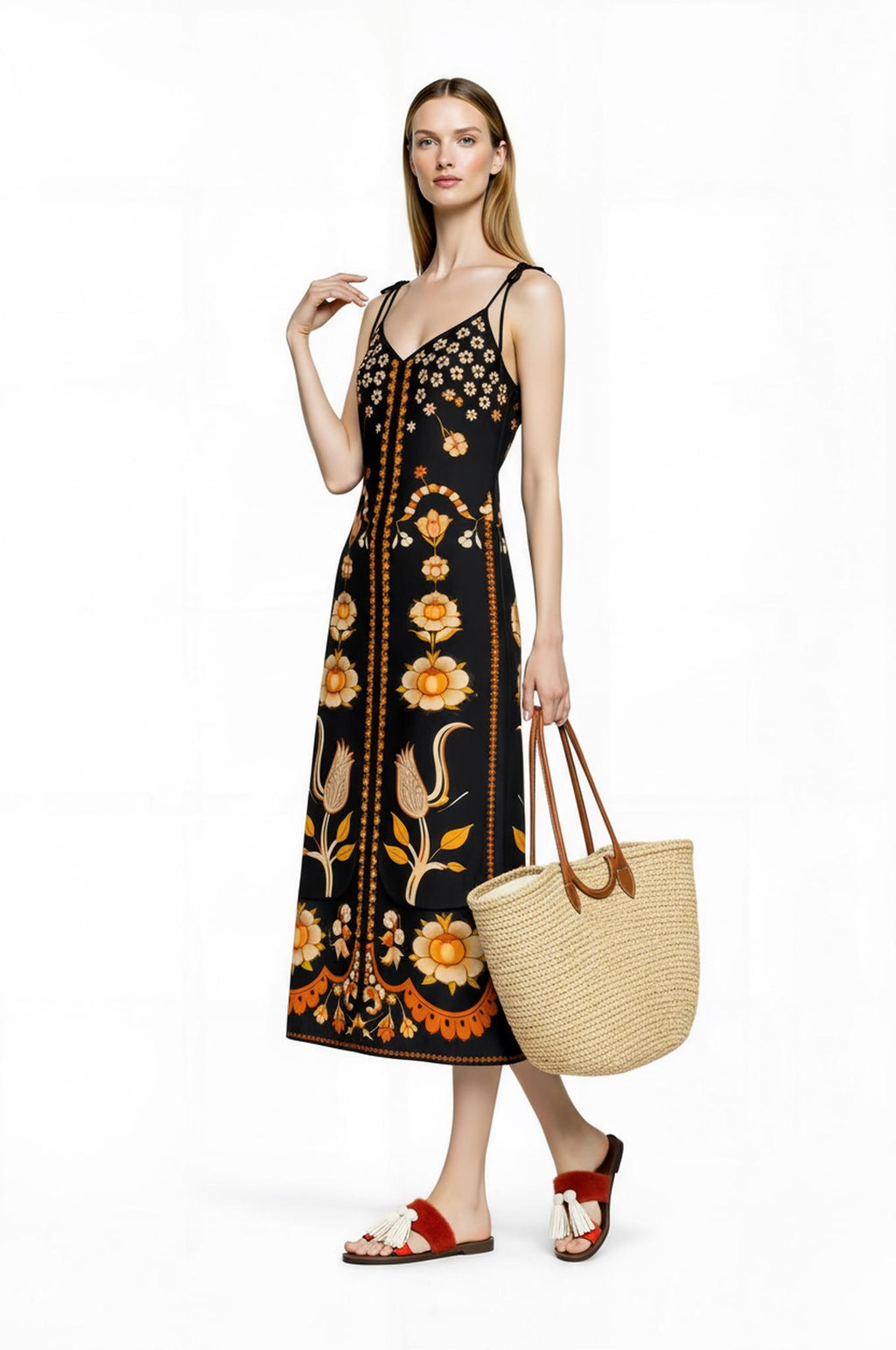 Black Floral Midi Slip Dress with Adjustable Tie Straps Ornamental Print __etsy:7690383052