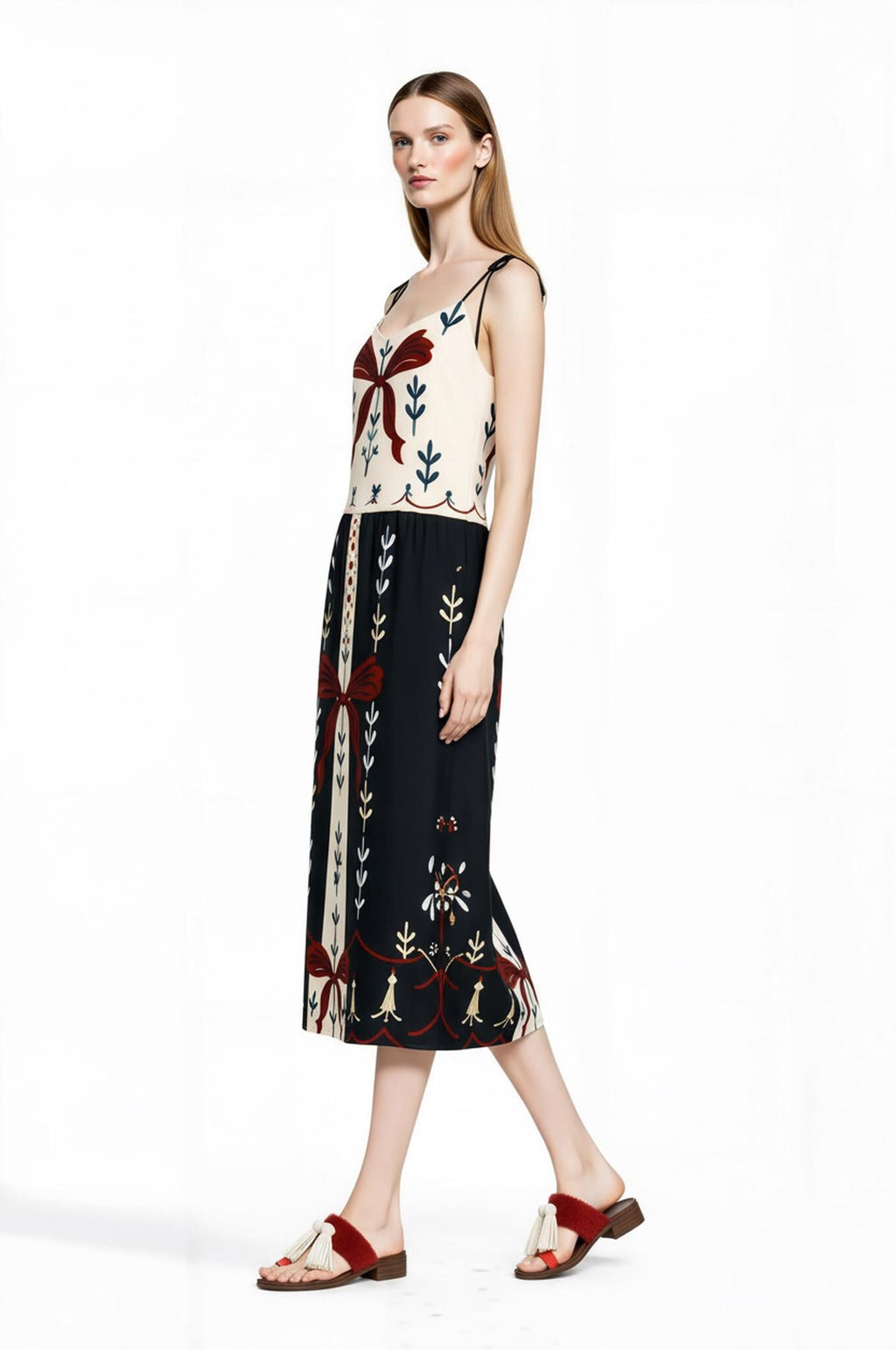 Ivory and Black Ribbon Print Midi Slip Dress with Adjustable Tie Straps Ornamental Design __etsy:7690414132