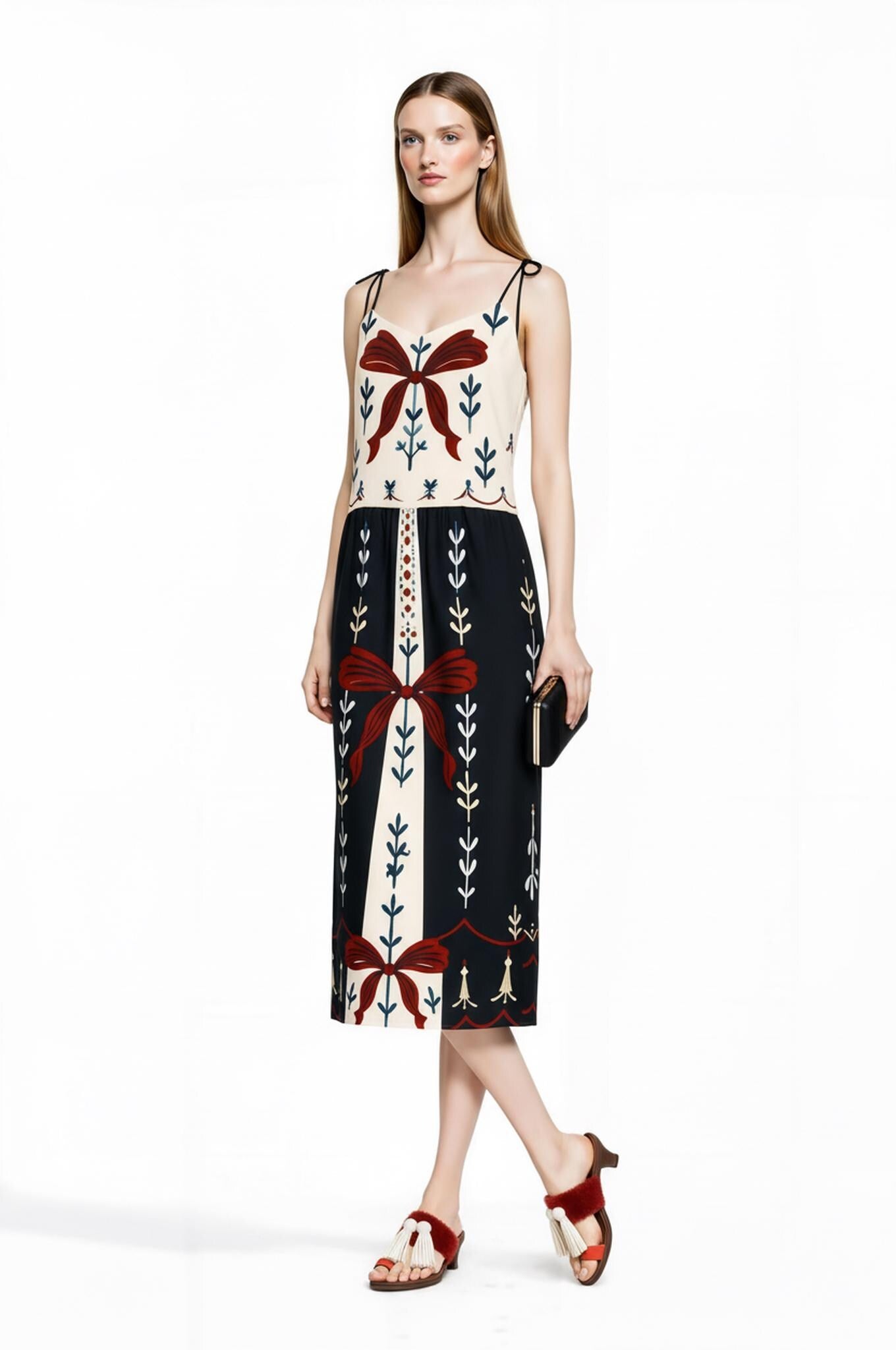Ivory and Black Ribbon Print Midi Slip Dress with Adjustable Tie Straps Ornamental Design __etsy:7690414134
