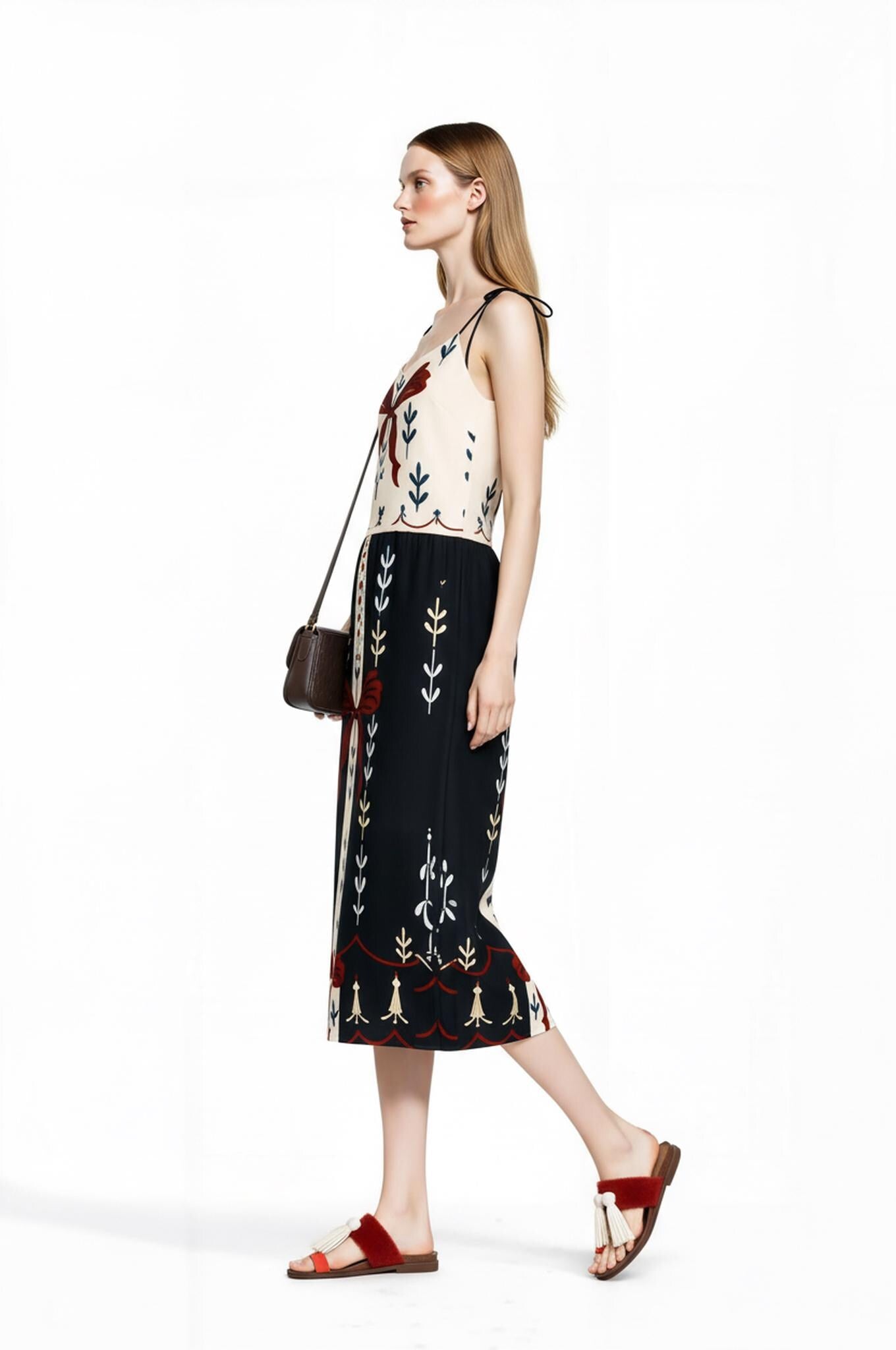 Ivory and Black Ribbon Print Midi Slip Dress with Adjustable Tie Straps Ornamental Design __etsy:7690414158