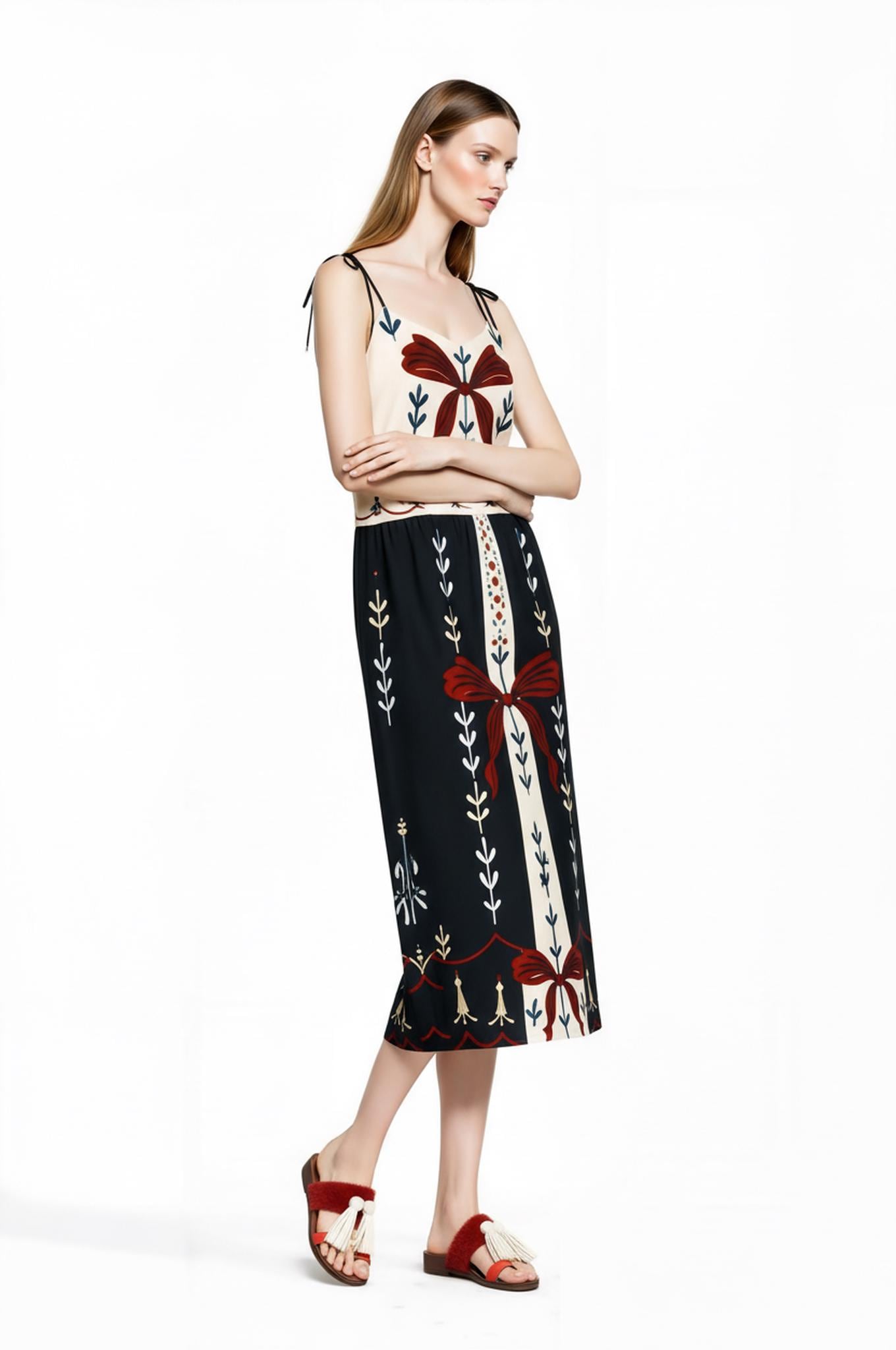 Ivory and Black Ribbon Print Midi Slip Dress with Adjustable Tie Straps Ornamental Design __etsy:7690414162