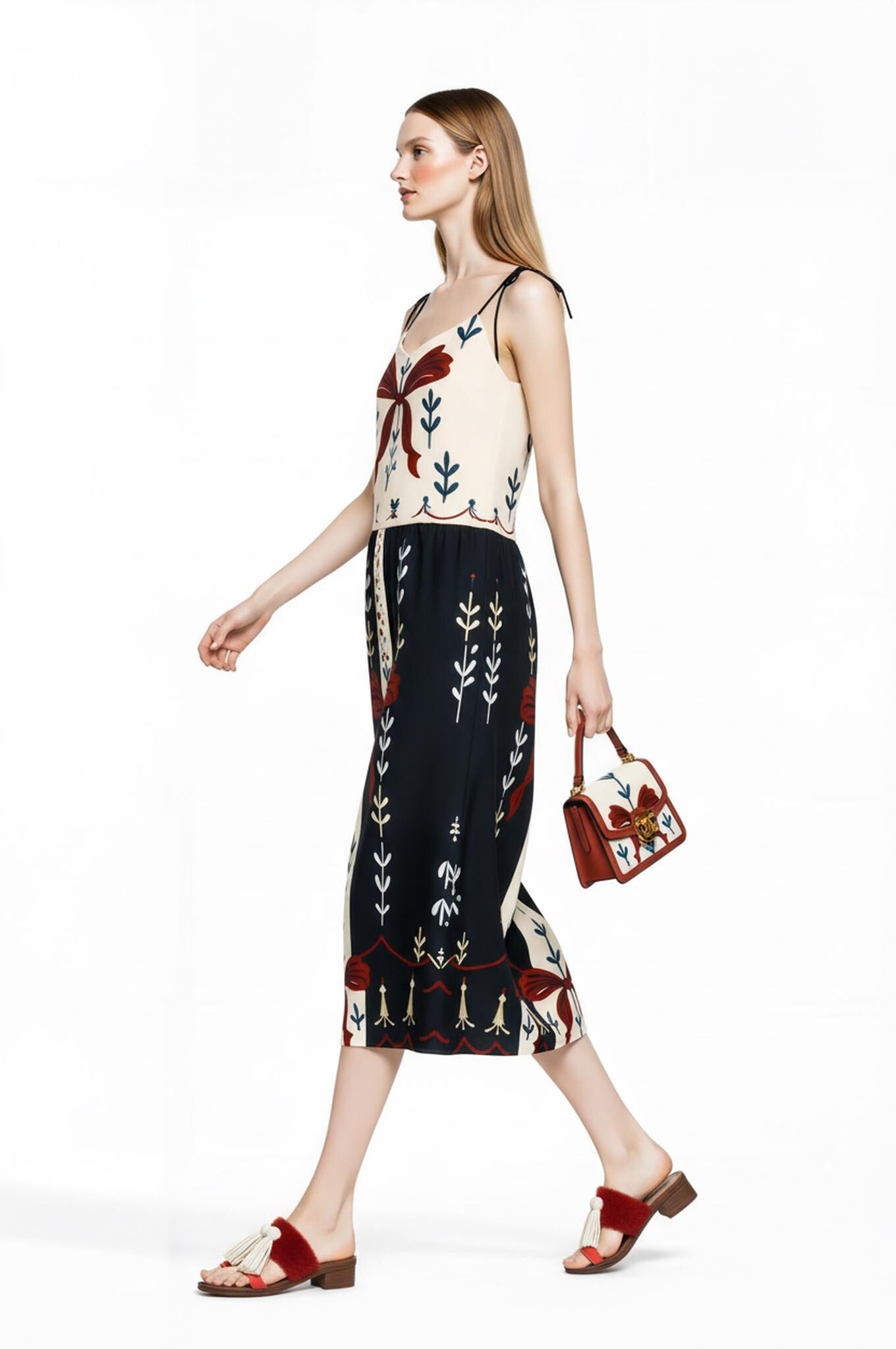 Ivory and Black Ribbon Print Midi Slip Dress with Adjustable Tie Straps Ornamental Design __etsy:7690414164