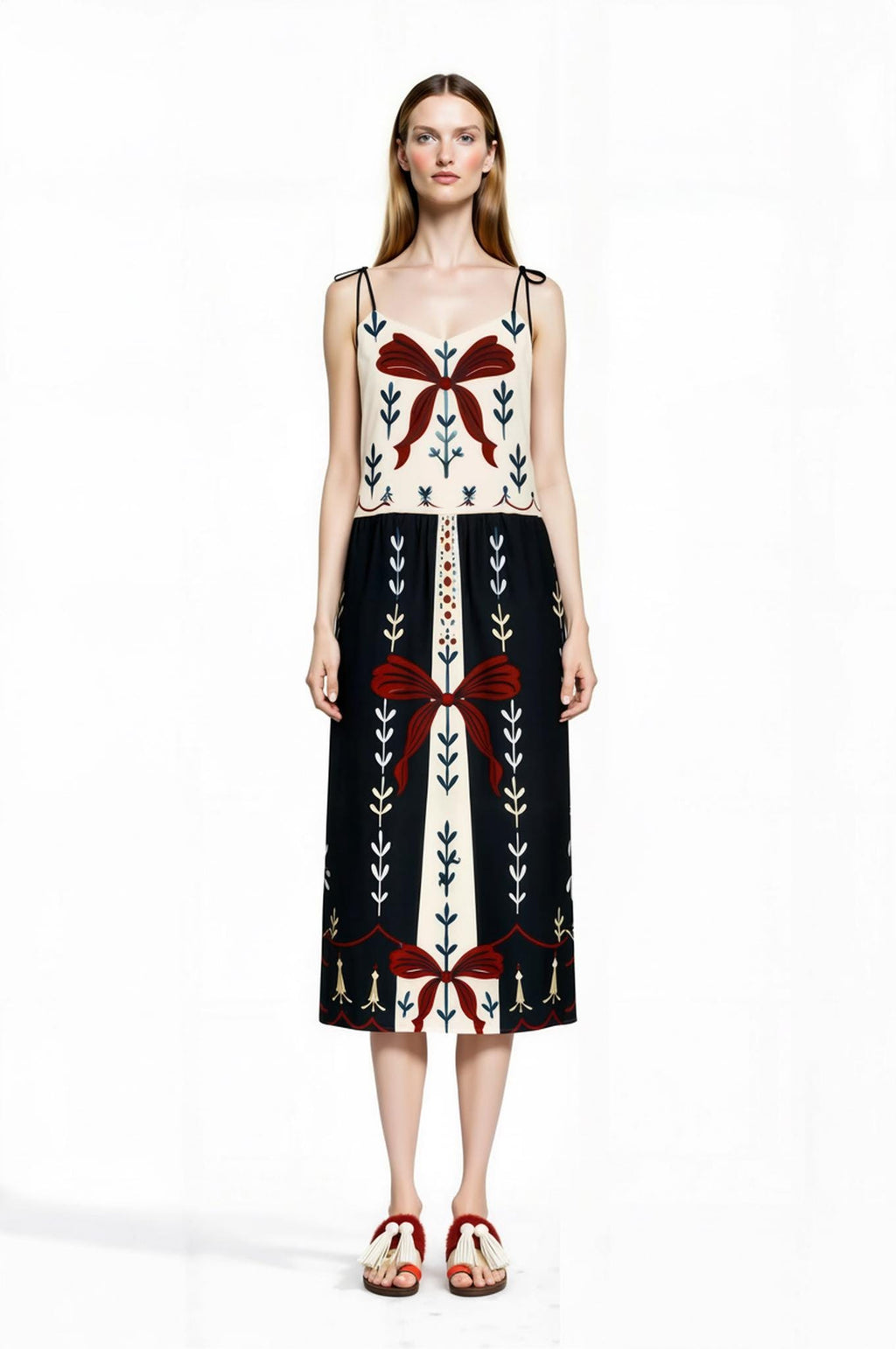 Ivory and Black Ribbon Print Midi Slip Dress with Adjustable Tie Straps Ornamental Design __etsy:7690414172
