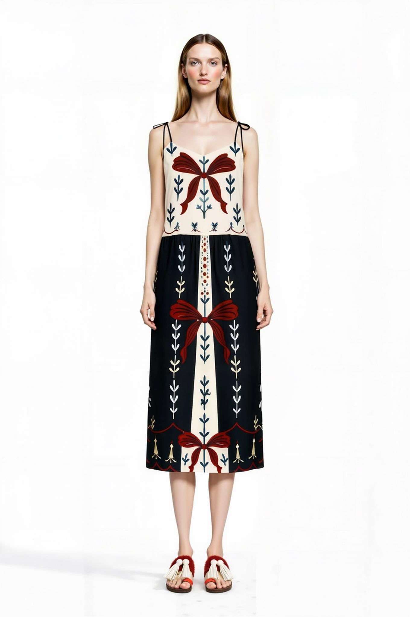 Ivory and Black Ribbon Print Midi Slip Dress with Adjustable Tie Straps Ornamental Design __etsy:7690414172