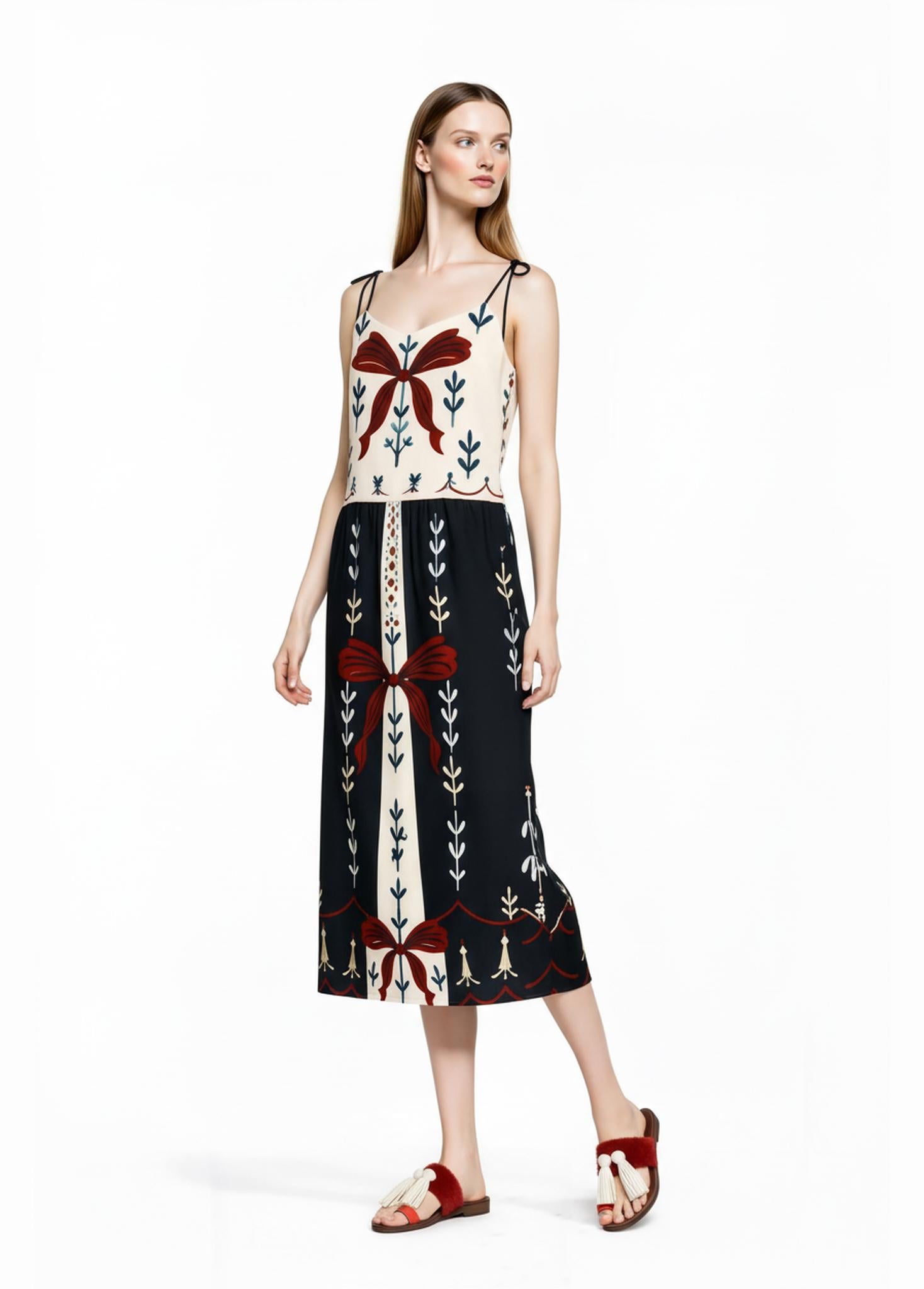 Ivory and Black Ribbon Print Midi Slip Dress with Adjustable Tie Straps Ornamental Design __etsy:7690423204