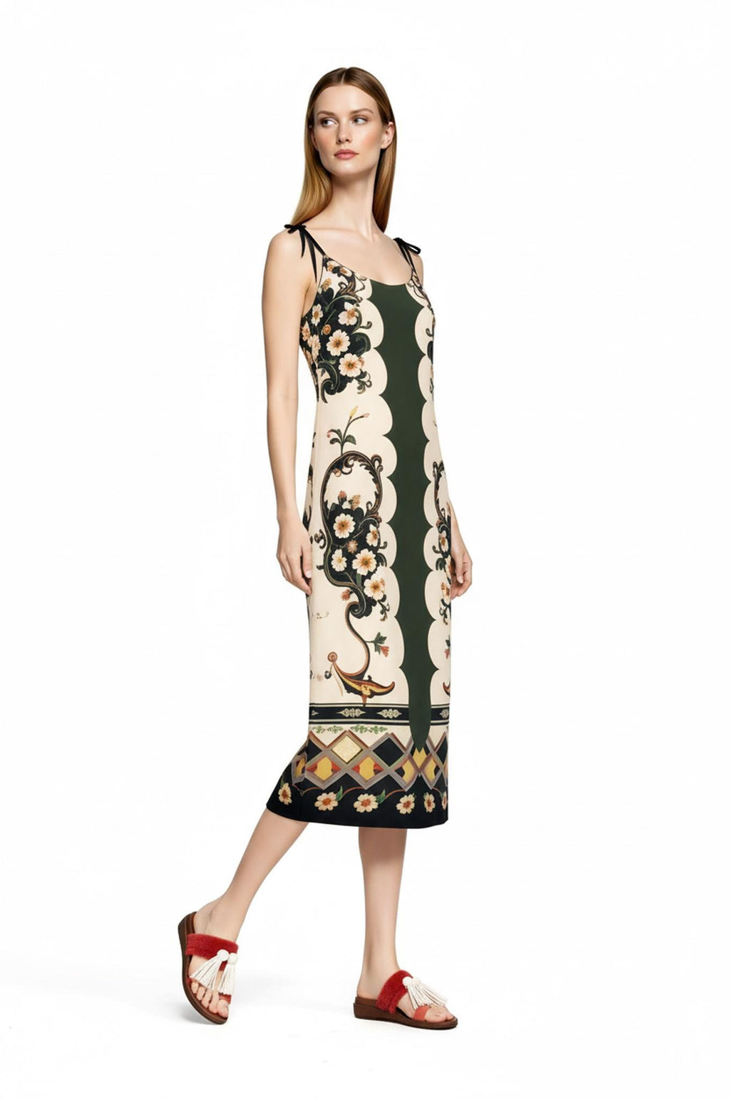 Green and Ivory Floral Midi Slip Dress with Adjustable Tie Straps Ornamental Print __etsy:7690527374