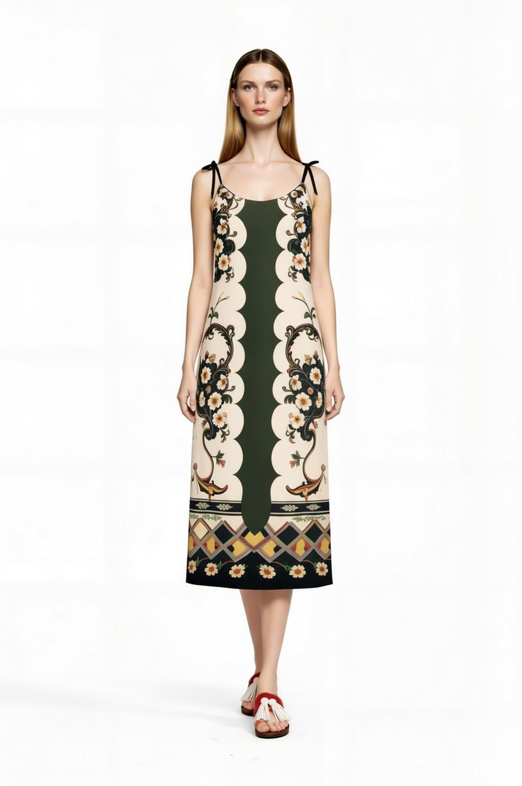 Green and Ivory Floral Midi Slip Dress with Adjustable Tie Straps Ornamental Print __etsy:7690527390