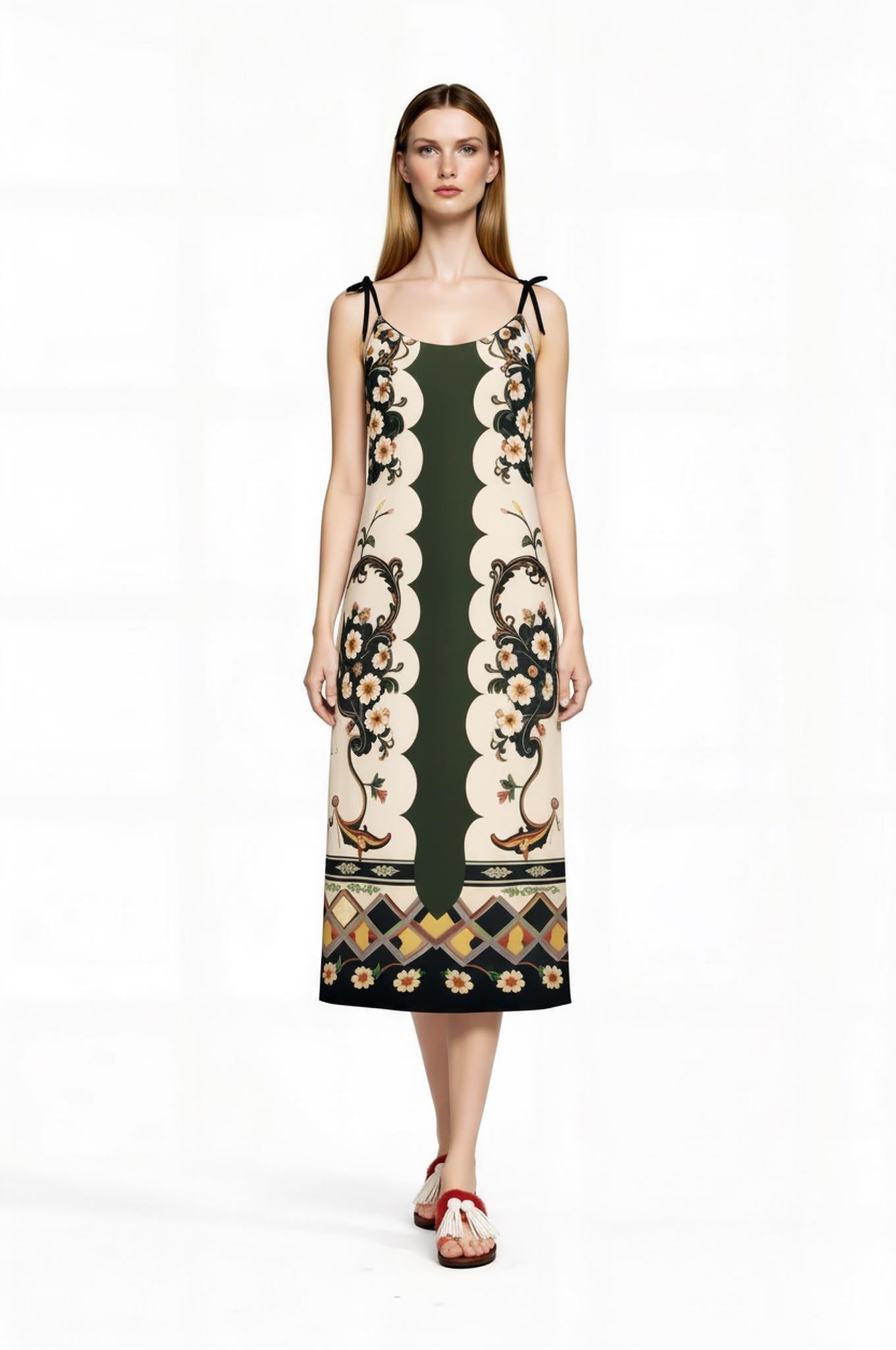 Green and Ivory Floral Midi Slip Dress with Adjustable Tie Straps Ornamental Print __etsy:7690527390