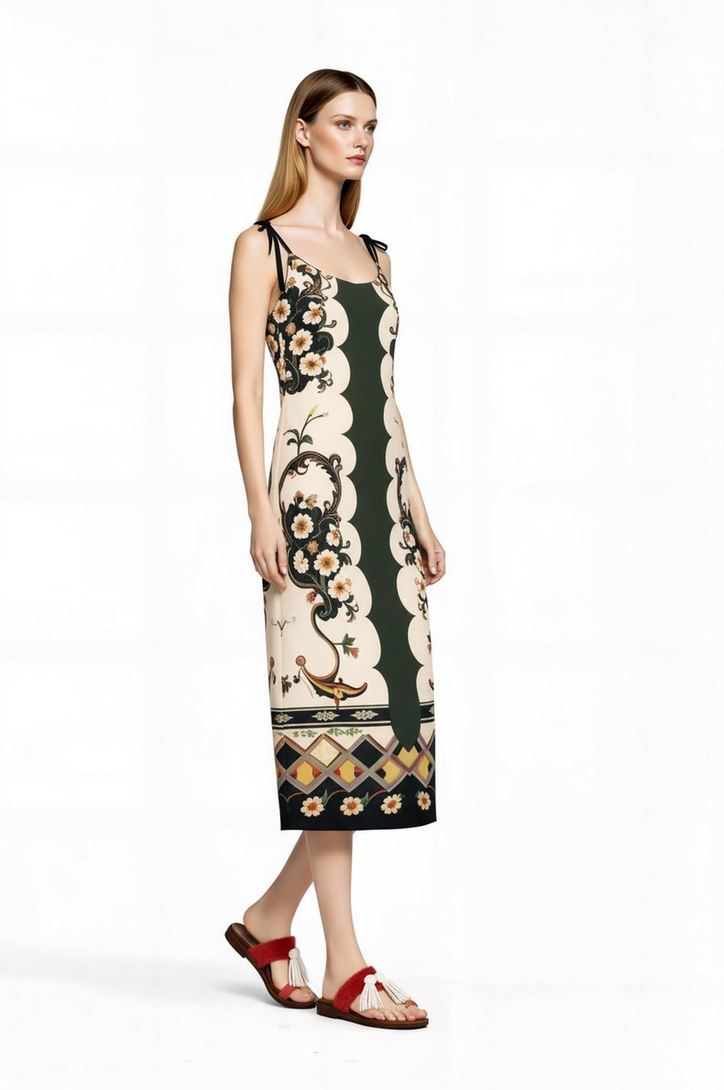 Green and Ivory Floral Midi Slip Dress with Adjustable Tie Straps Ornamental Print __etsy:7690527404