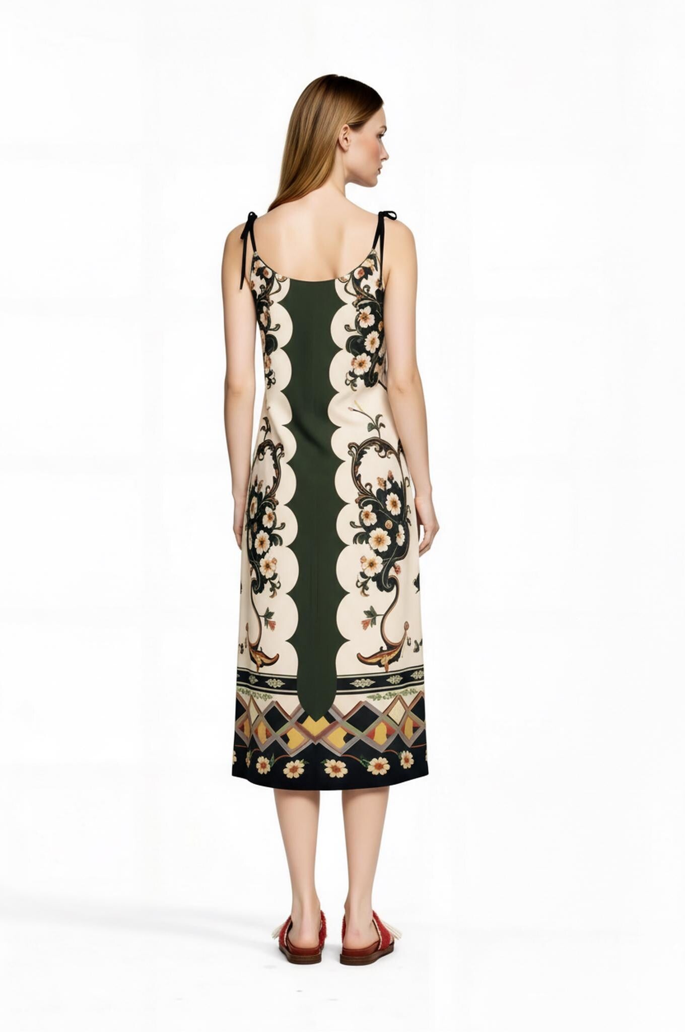 Green and Ivory Floral Midi Slip Dress with Adjustable Tie Straps Ornamental Print __etsy:7690527444