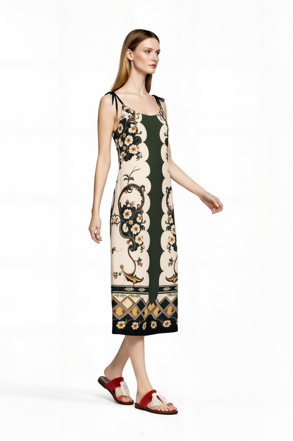 Green and Ivory Floral Midi Slip Dress with Adjustable Tie Straps Ornamental Print __etsy:7690527446