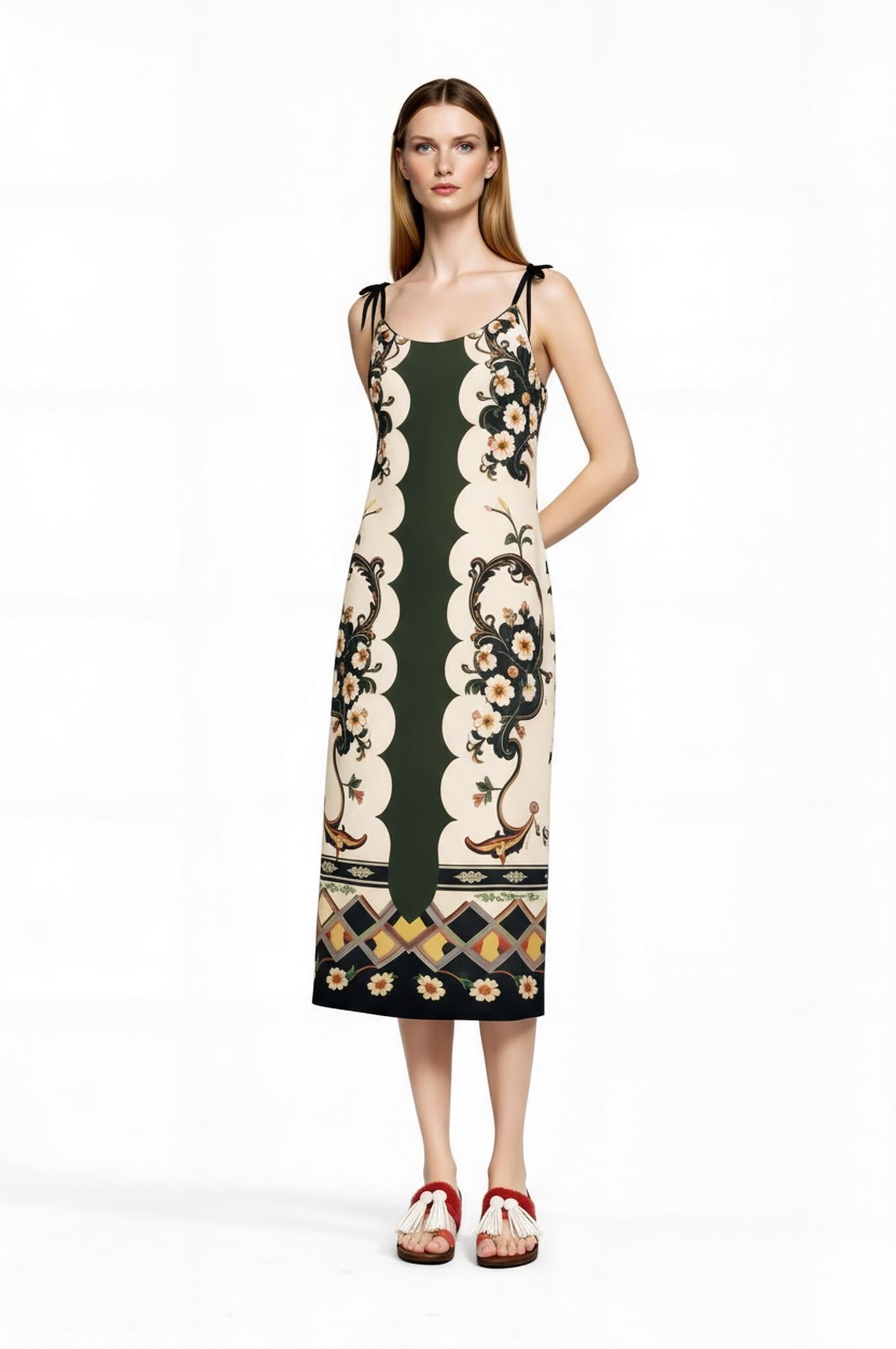 Green and Ivory Floral Midi Slip Dress with Adjustable Tie Straps Ornamental Print __etsy:7690527454