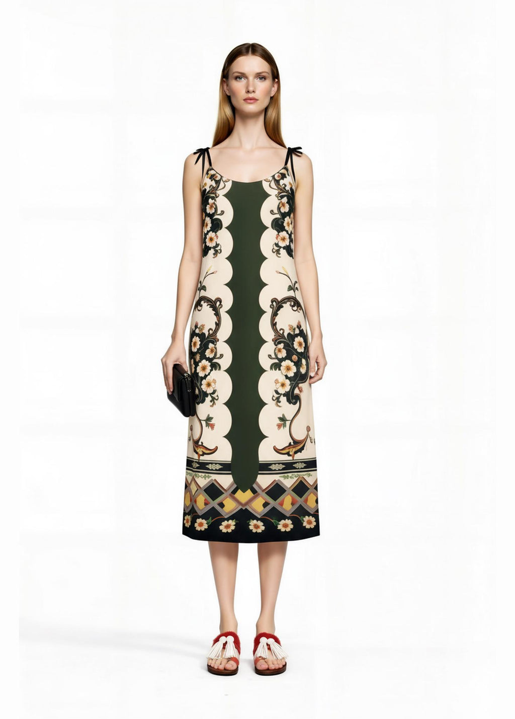 Green and Ivory Floral Midi Slip Dress with Adjustable Tie Straps Ornamental Print __etsy:7690531588