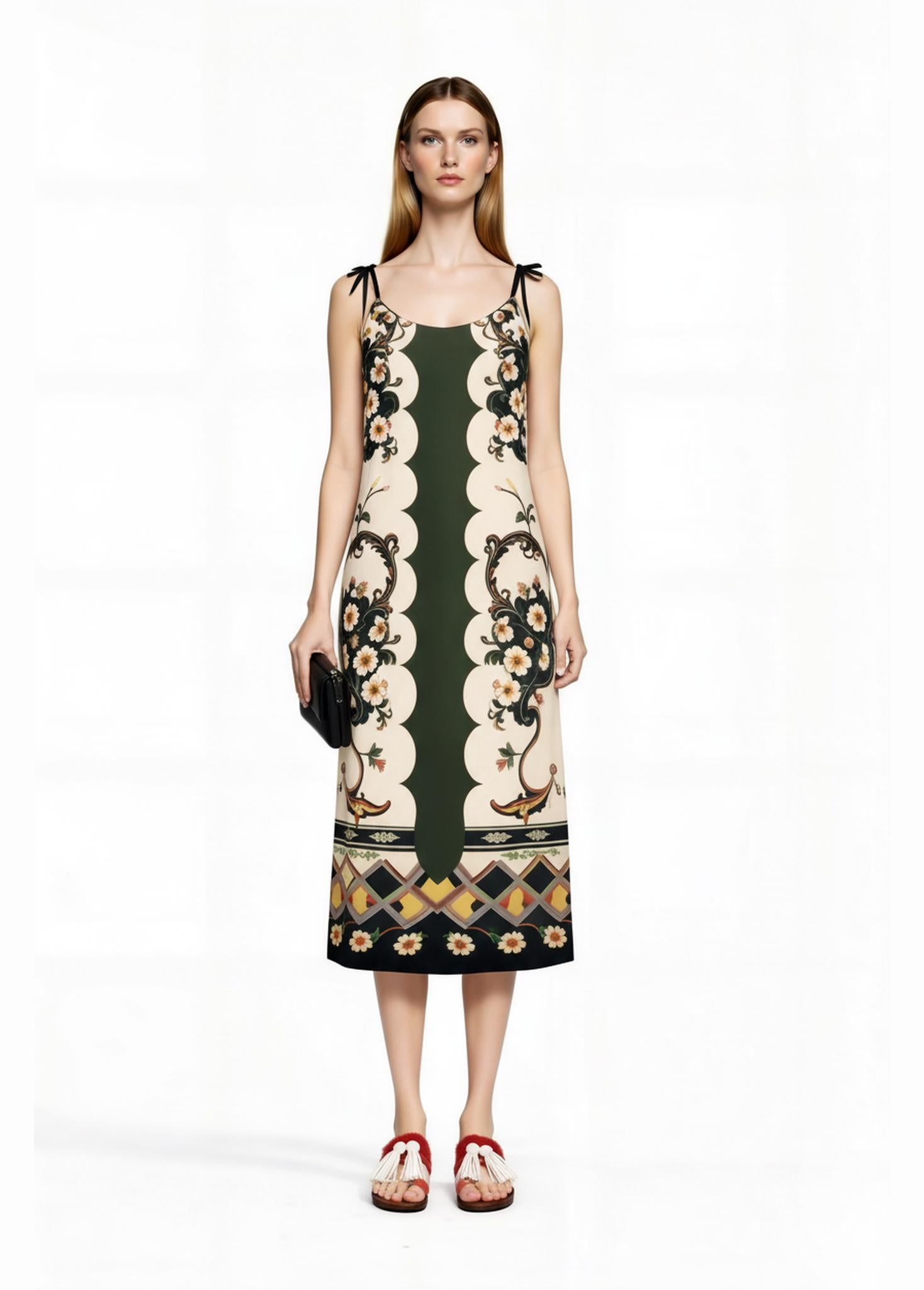 Green and Ivory Floral Midi Slip Dress with Adjustable Tie Straps Ornamental Print __etsy:7690531588