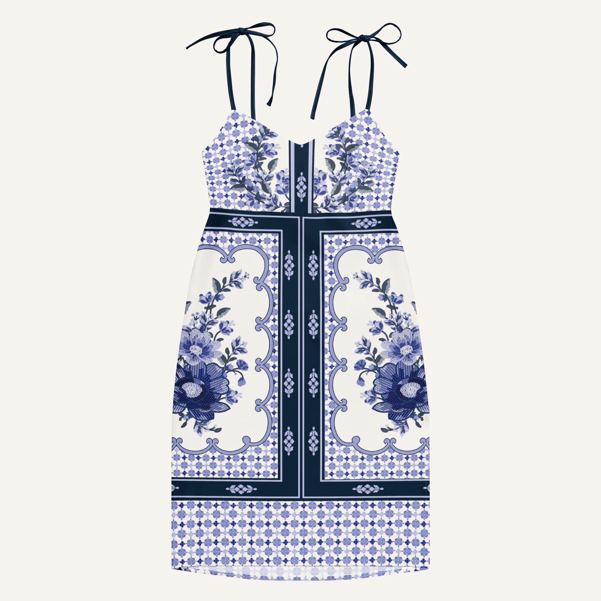 Blue Floral Panel Print Midi Dress, Sleeveless Summer Resort Style __etsy:7693223953