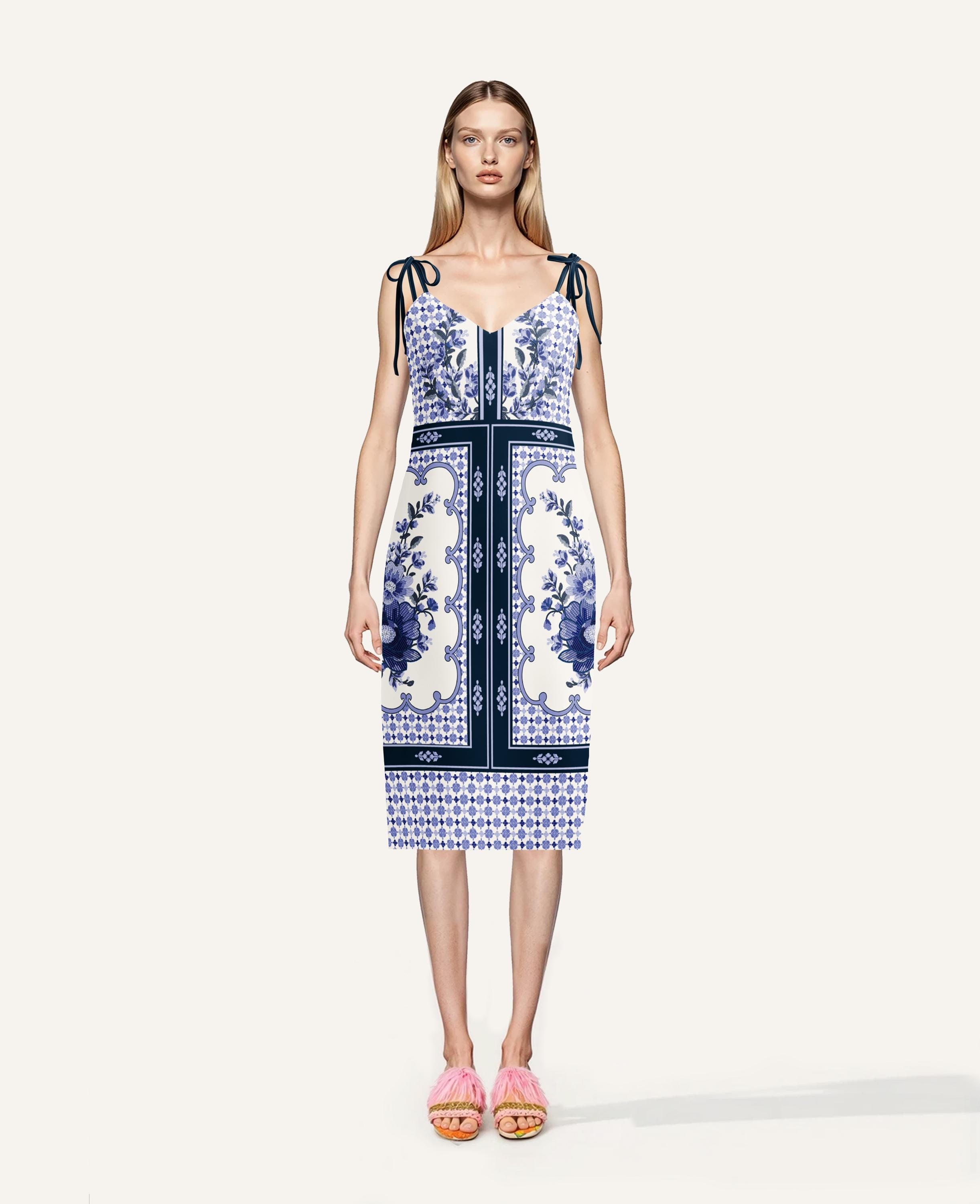Blue Floral Panel Print Midi Dress, Sleeveless Summer Resort Style __etsy:7693234263