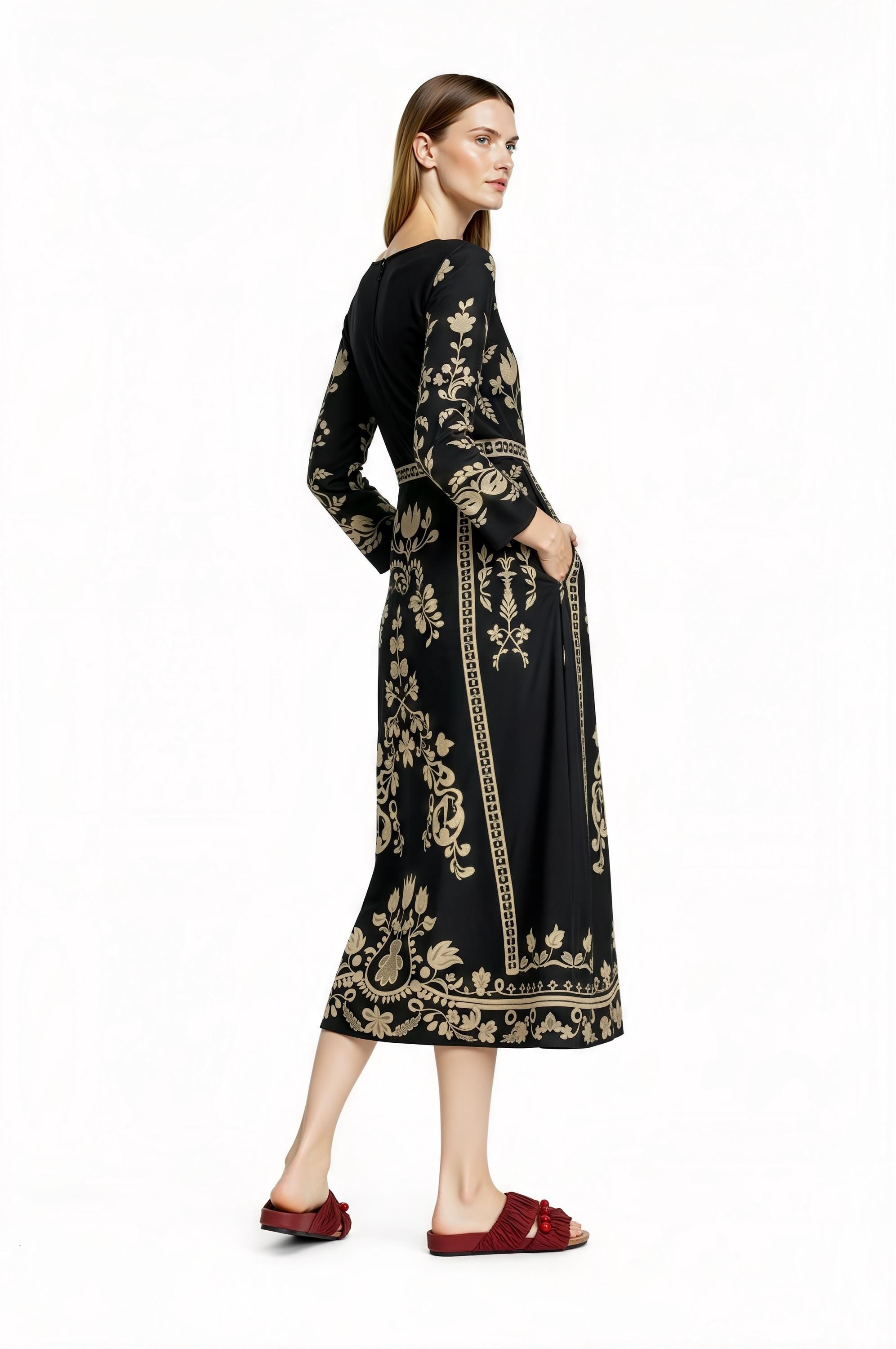 Black Floral Print Midi Dress with Long Sleeves and Side Pockets __etsy:7700338242