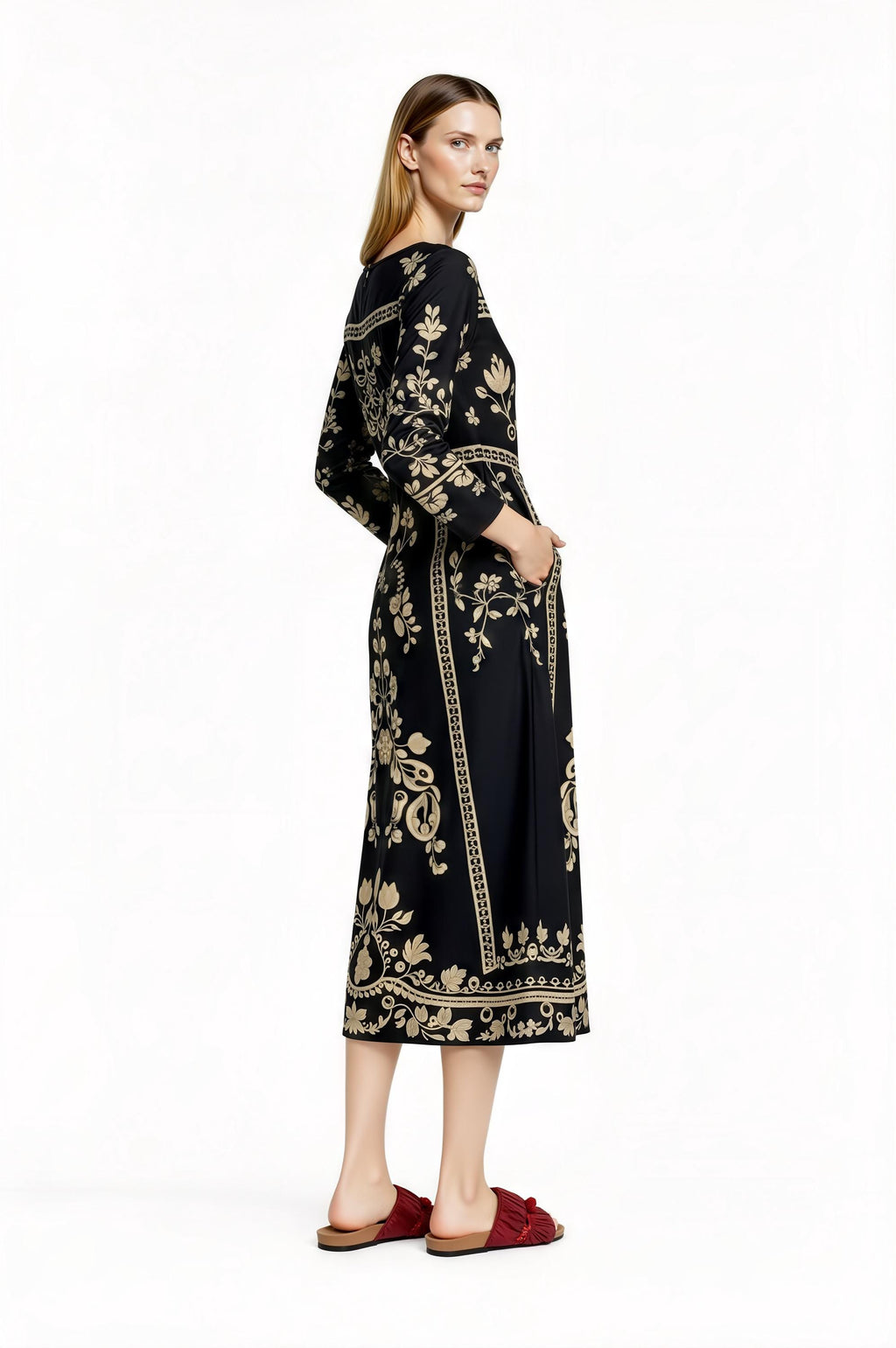 Black Floral Print Midi Dress with Long Sleeves and Side Pockets __etsy:7700338244
