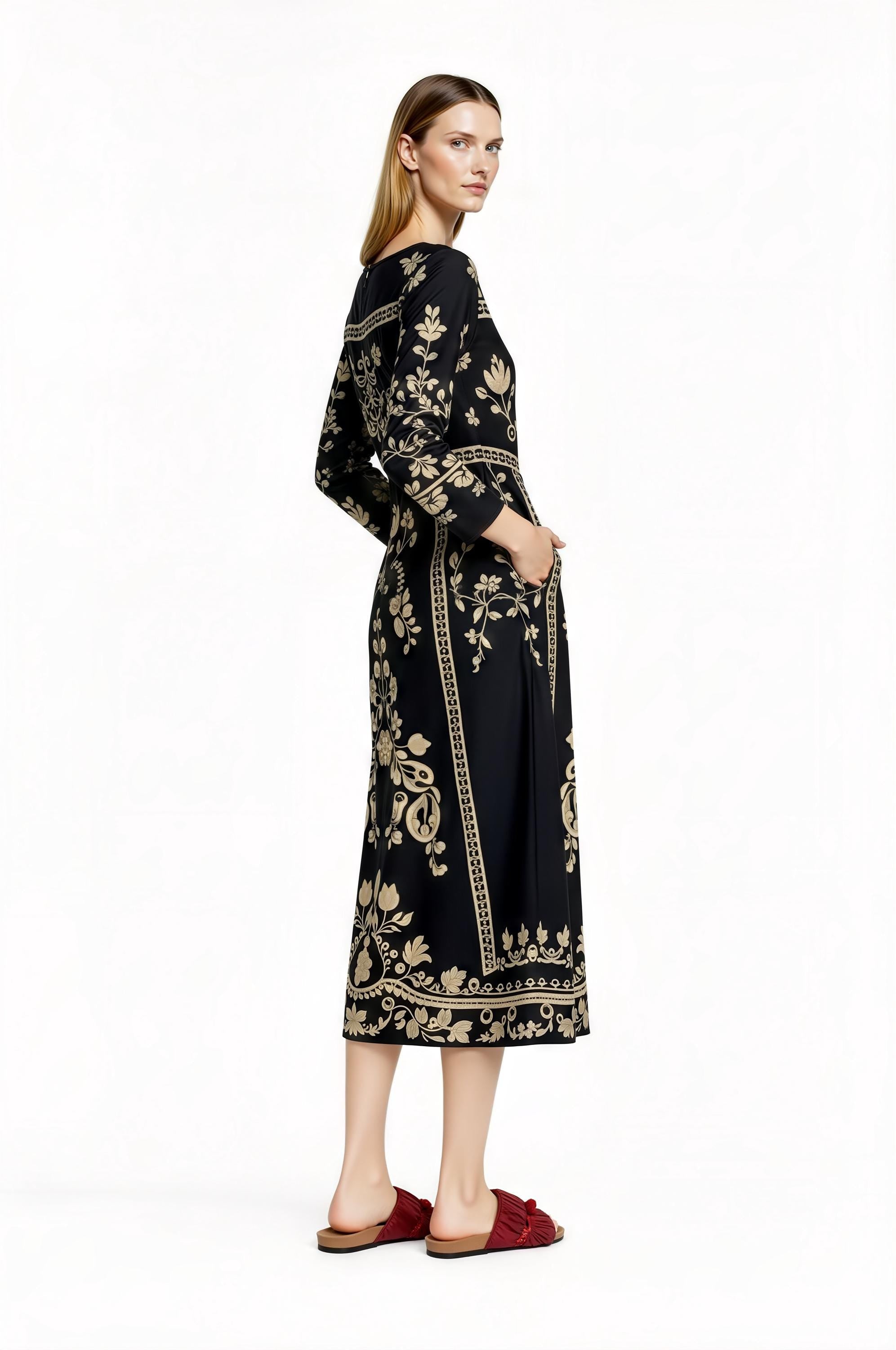 Black Floral Print Midi Dress with Long Sleeves and Side Pockets __etsy:7700338244