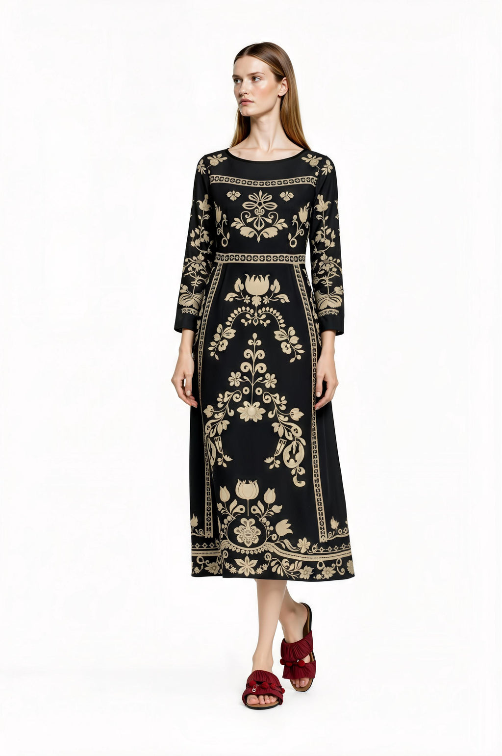 Black Floral Print Midi Dress with Long Sleeves and Side Pockets __etsy:7700338250