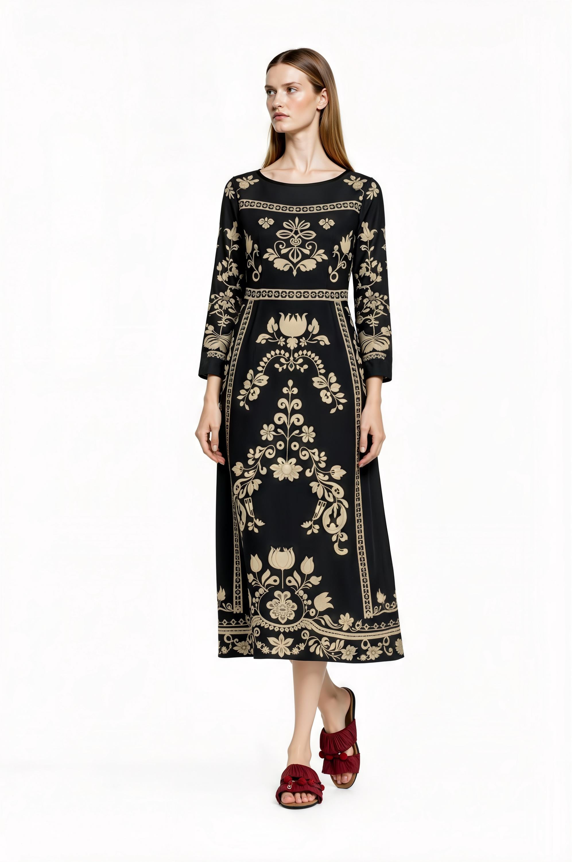 Black Floral Print Midi Dress with Long Sleeves and Side Pockets __etsy:7700338250