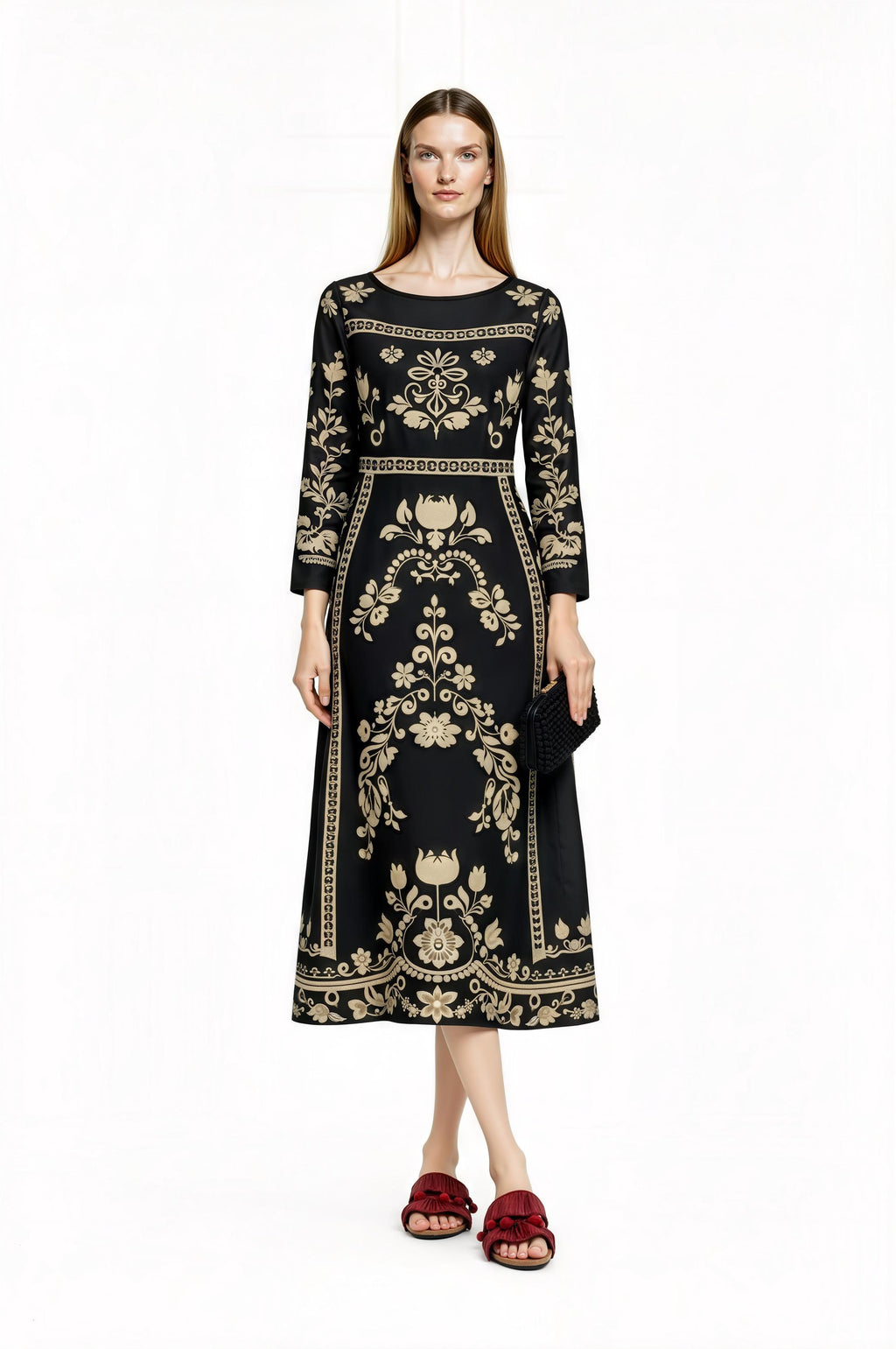 Black Floral Print Midi Dress with Long Sleeves and Side Pockets __etsy:7700338258