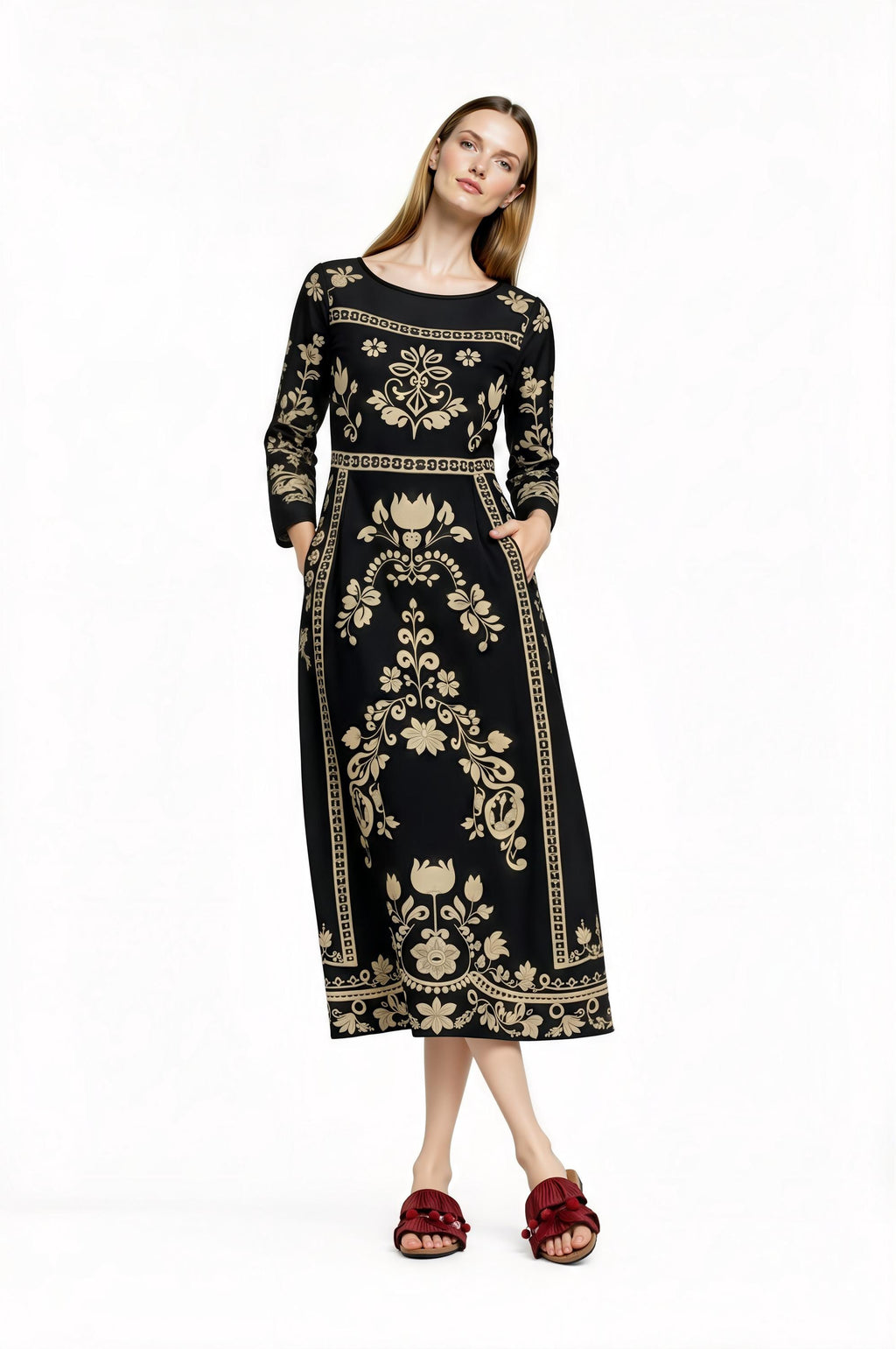 Black Floral Print Midi Dress with Long Sleeves and Side Pockets __etsy:7700338262